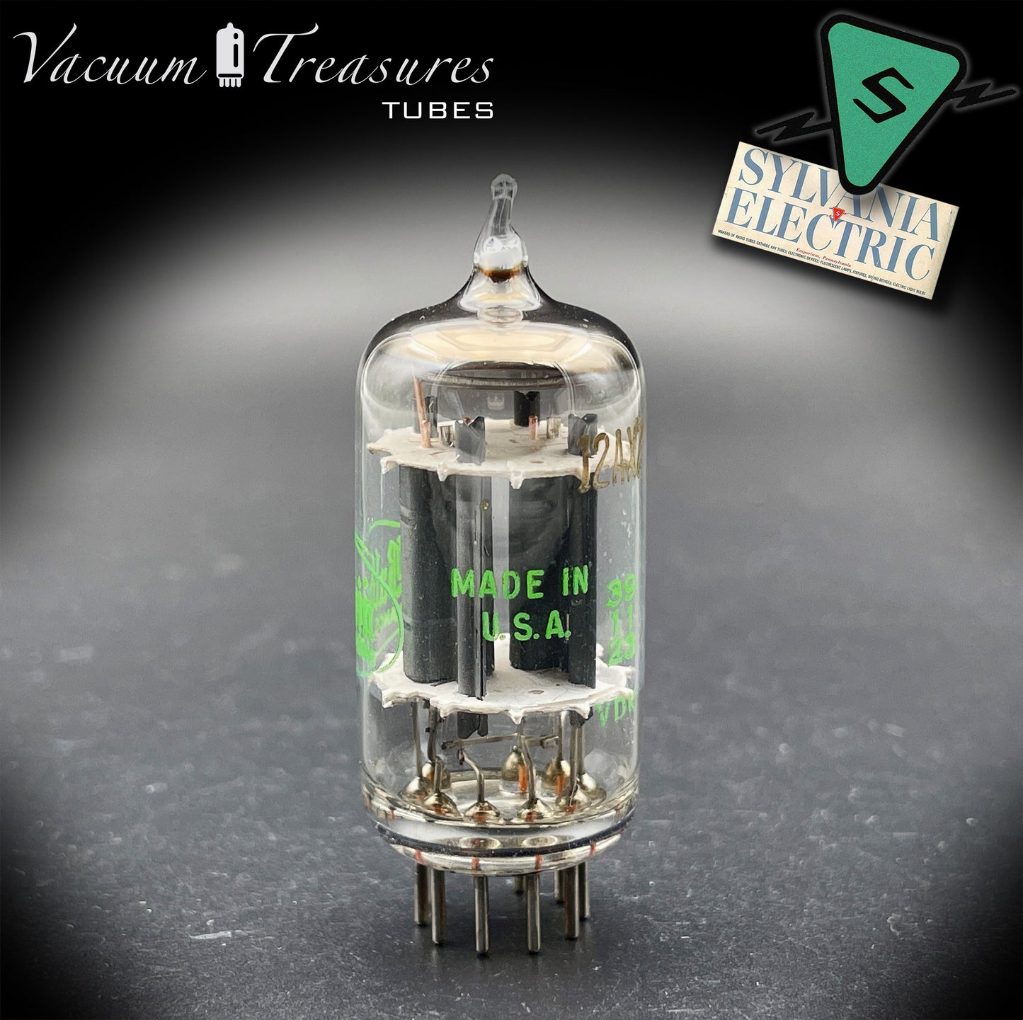 12AX7 / ECC83 Baldwin by SYLVANIA Long Gray Plates Halo Getter Tested Balanced Tube Made in USA '59