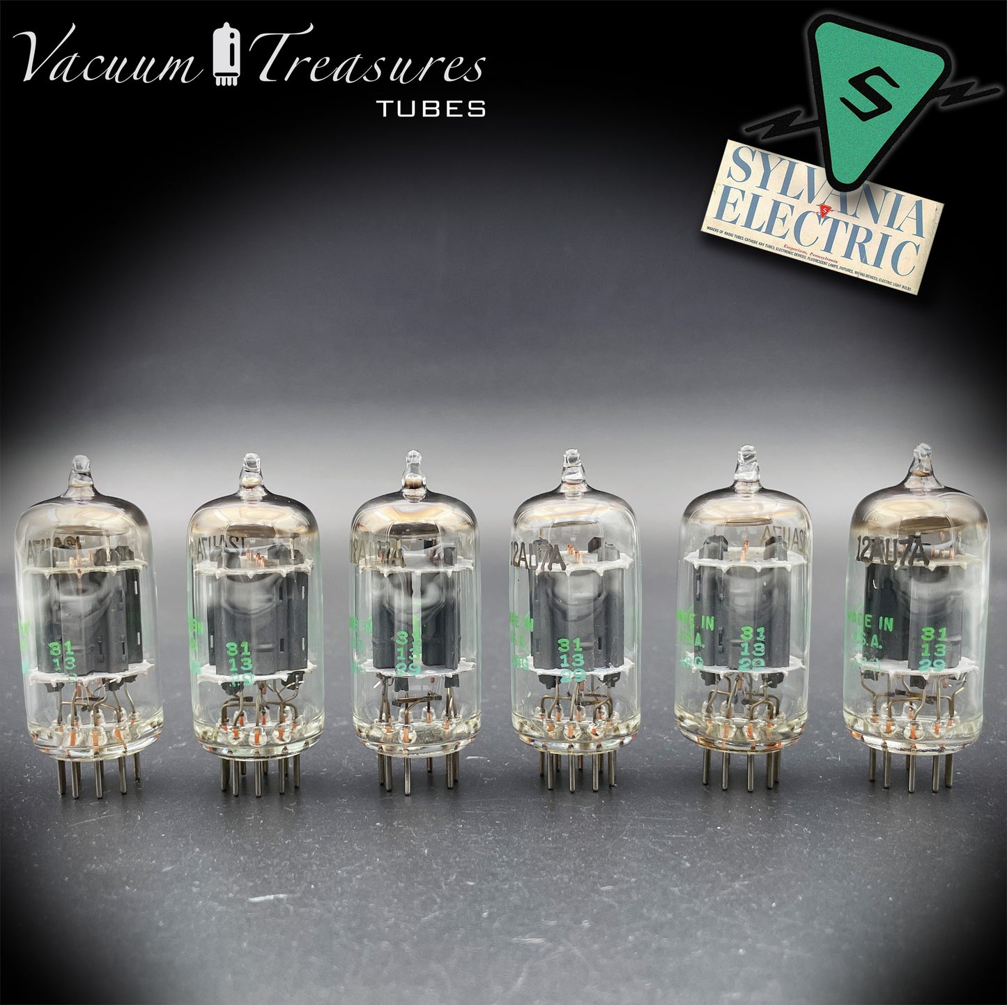 12AU7A ECC82 NOS Sylvania – Long Gray Plates Halo Getter Matched Sextet Tubes USA 1951