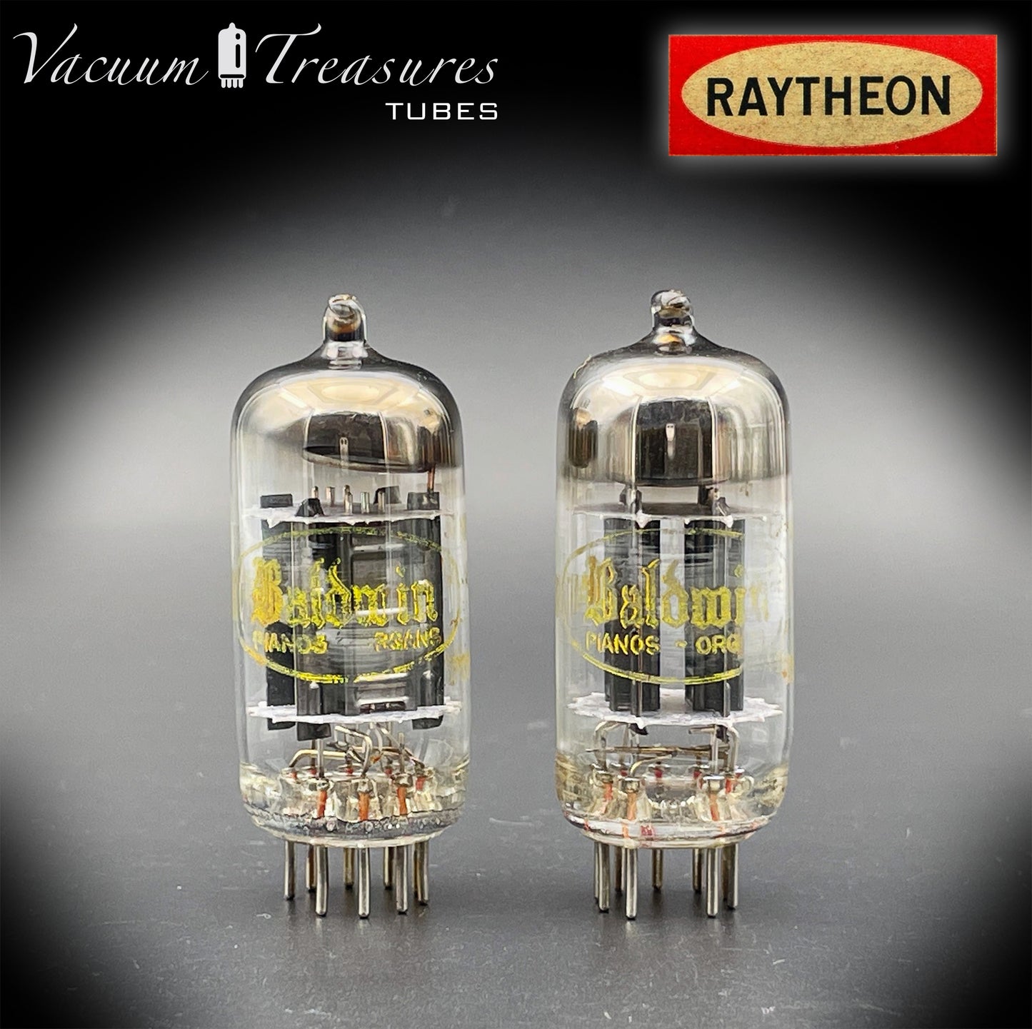 12AU7 ( ECC82 ) NOS RAYTHEON for Baldwin Long Black Plates Halo Getter Matched Tubes Made in USA '59