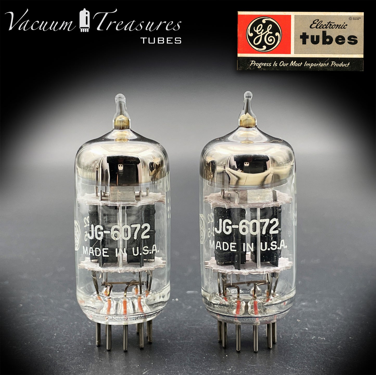 6072 / 12AY7 NOS GE JG Matched Pair Black Plates Triple Mica Halo Getter USA ’60s - AMPLITREX Tested