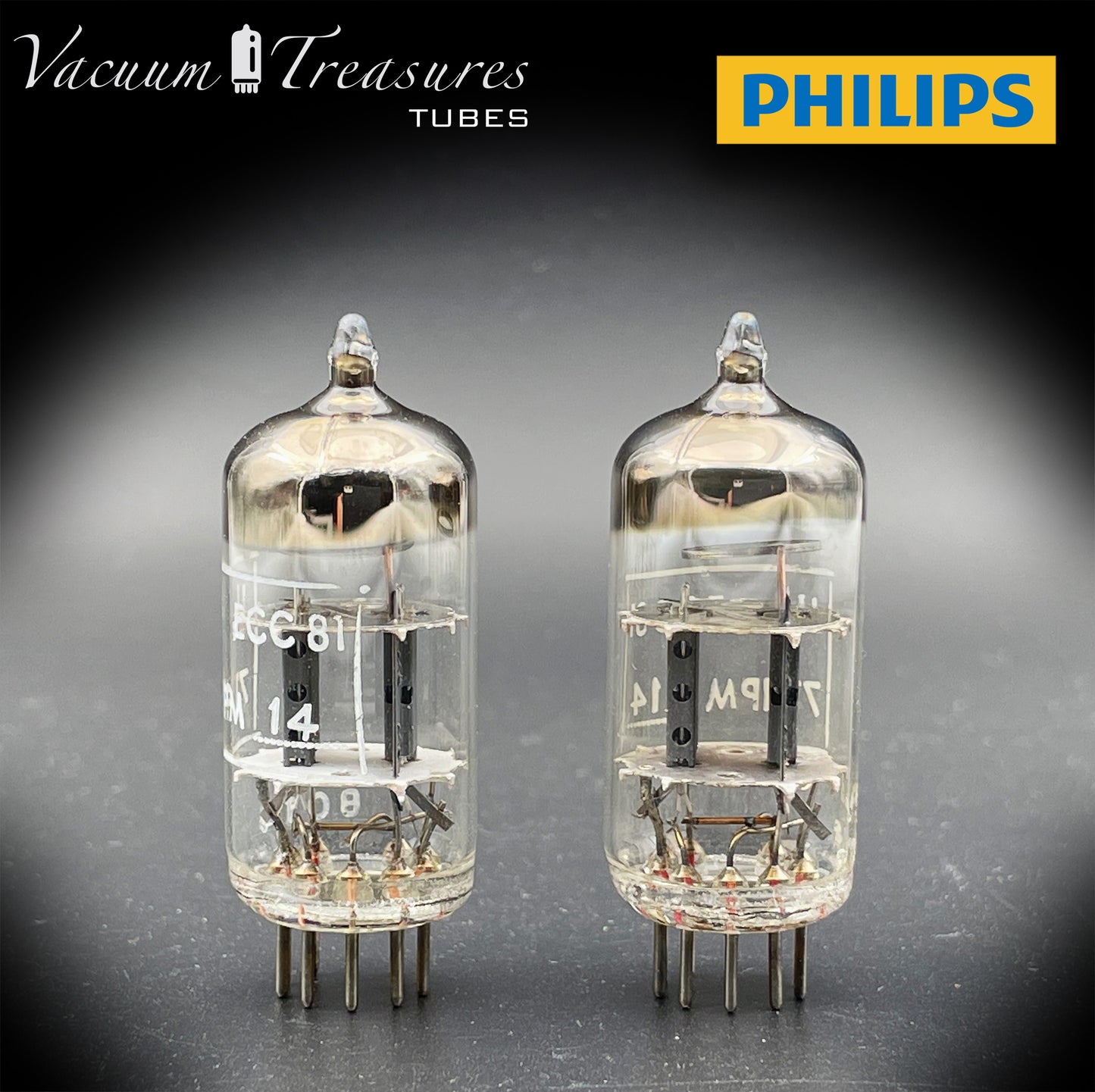 12AT7 ( ECC81 ) NOS NIB PHILIPS by Mullard, Blackburn Plant, Wing Gray Plates Halo Getter Matched Pair Tubes MADE IN GT. BRITAIN