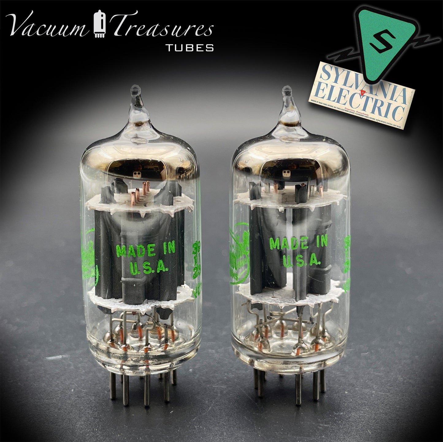 12AX7 ECC83 Baldwin by SYLVANIA – Matched Pair – Long Gray Plates Halo Getter USA 1959