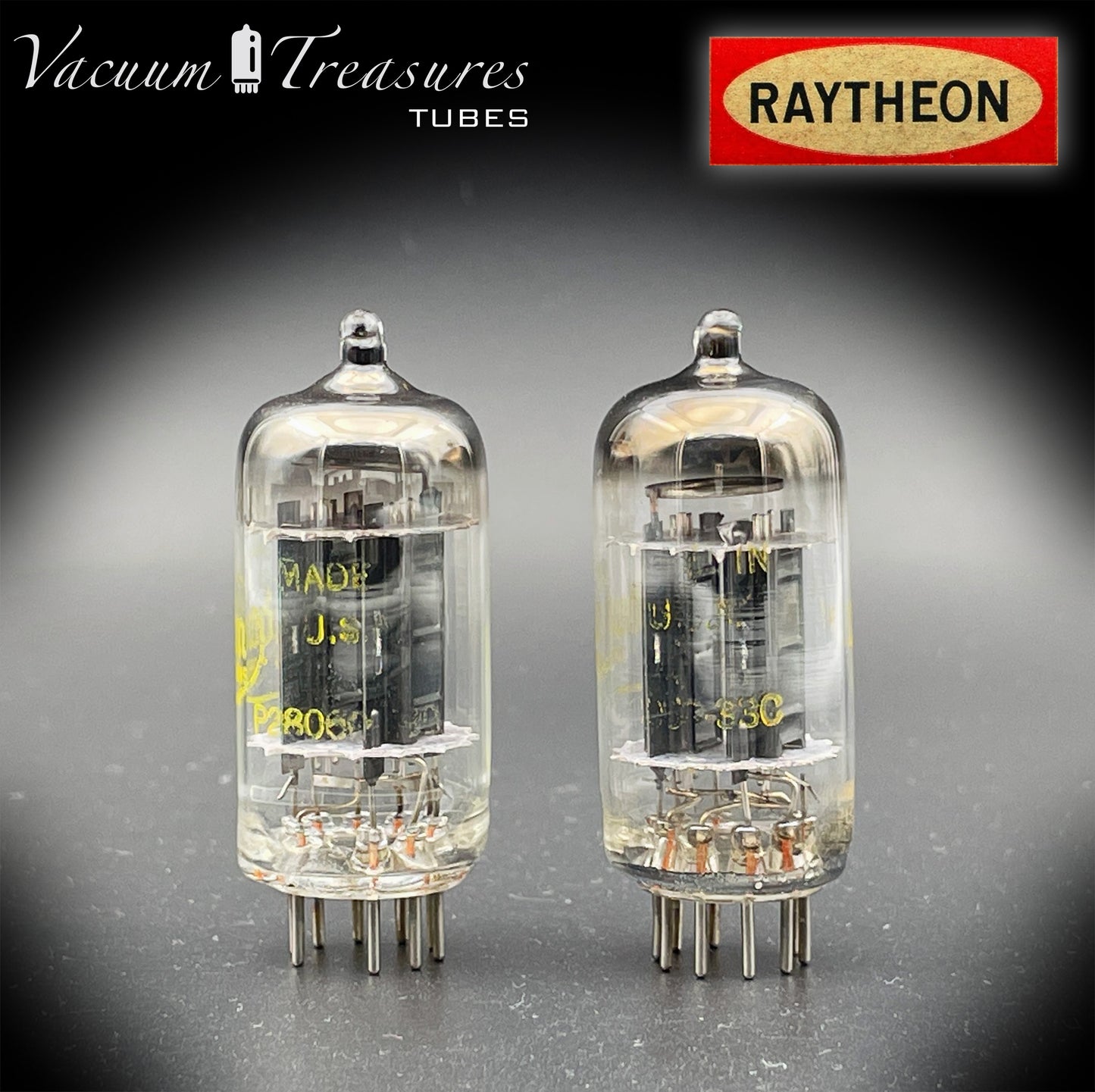 12AU7 ( ECC82 ) NOS RAYTHEON for Baldwin Long Black Plates Halo Getter Matched Tubes Made in USA '59