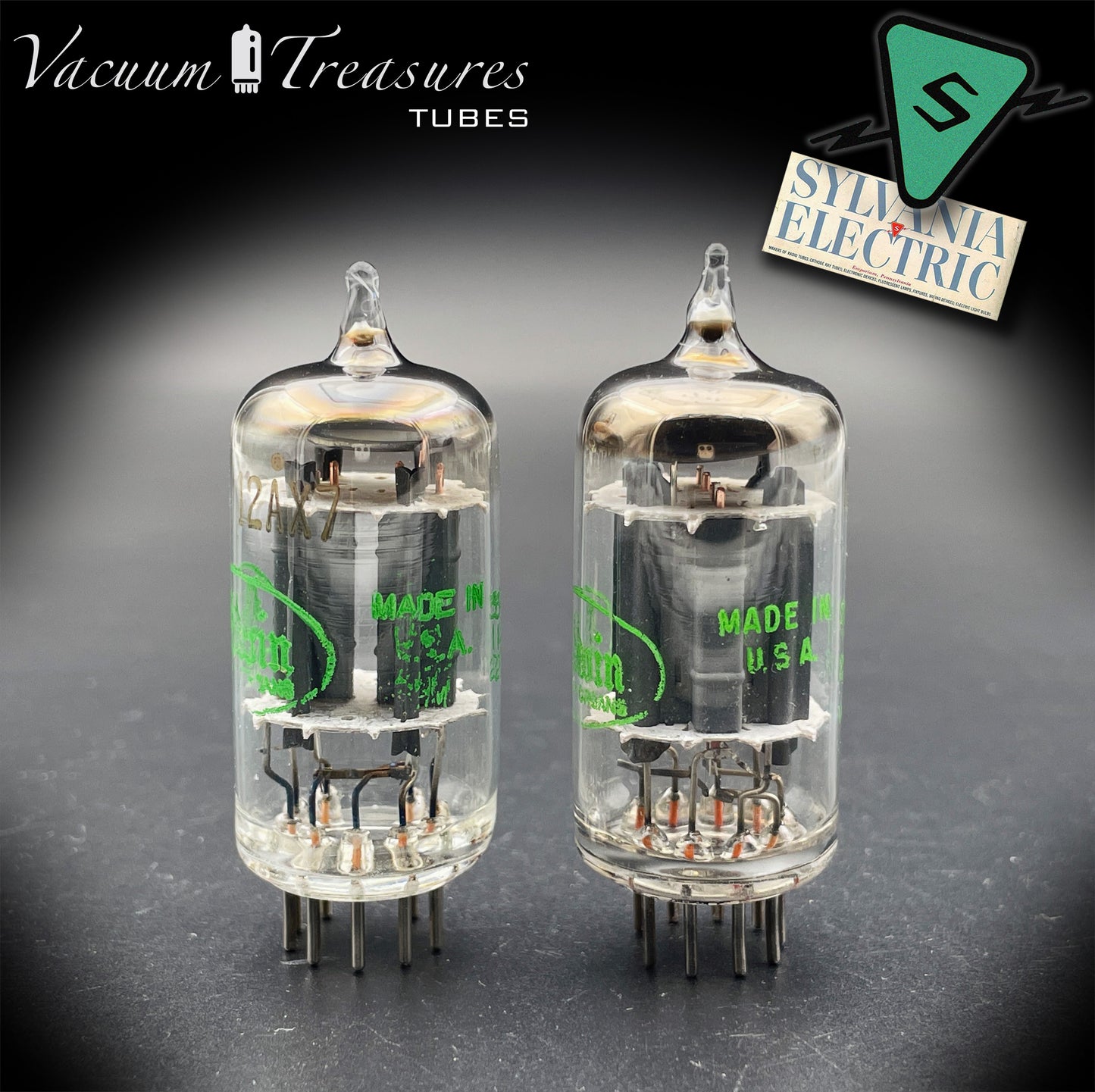 12AX7 ECC83 Baldwin by SYLVANIA – Tested Pair – Long Gray Plates Halo Getter Made in USA