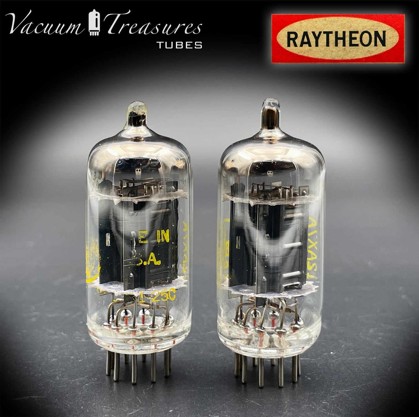 12AX7A ECC83 Baldwin Raytheon Matched Pair Tubes – Long Black Plates Halo Getter USA 1960s