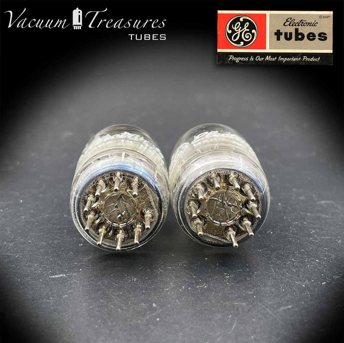 12AY7 GE Matched Pair Gray Ribbed Plates Halo Getter Tube Made In USA '60