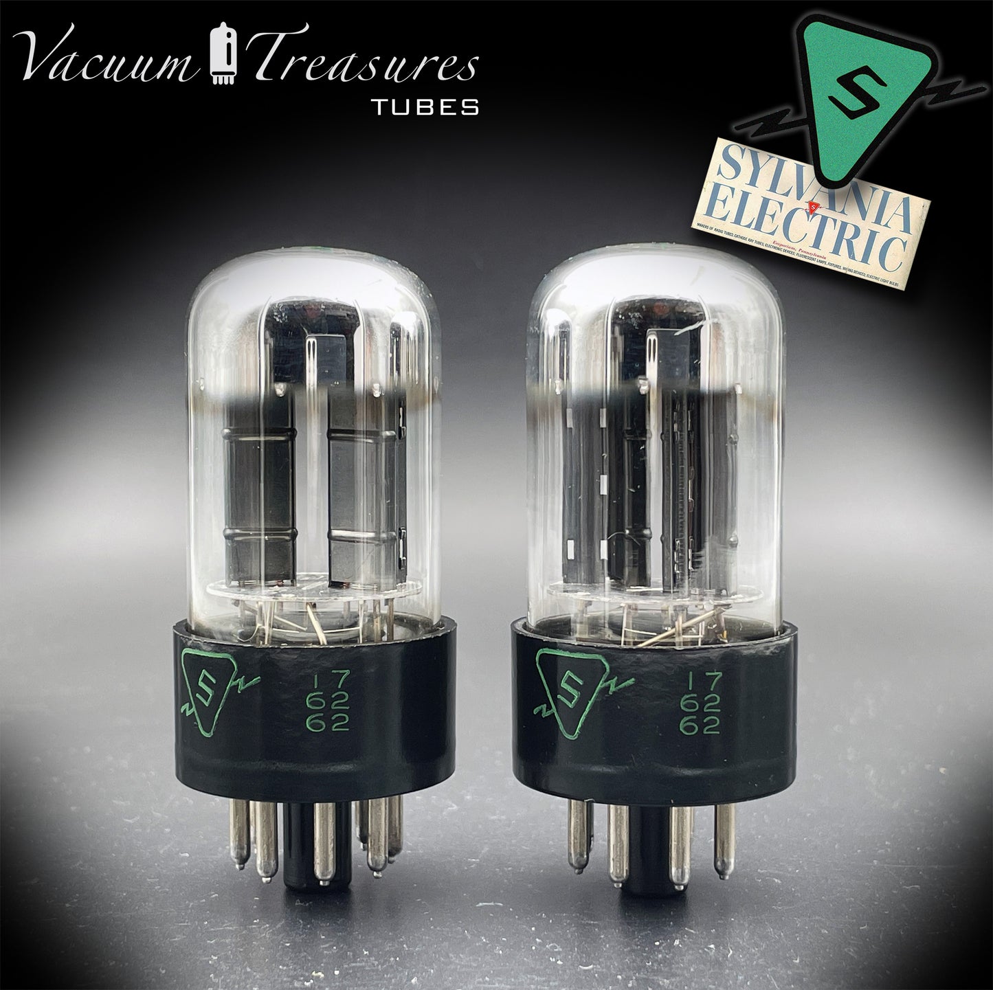 6SN7GTB NOS SYLVANIA CHROME TOP Green Dot Matched Pair Black Plates Tubes USA '50s
