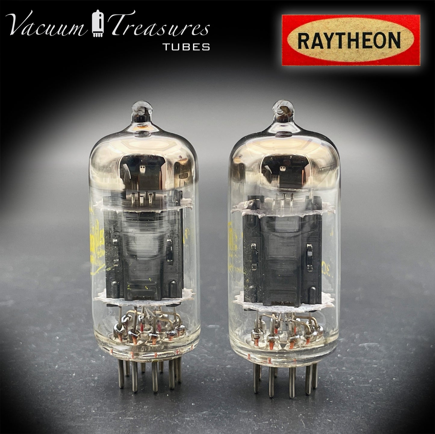 12AU7A / ECC82 Baldwin by RAYTHEON Matched Pair Tubes Long Black Plates Halo Getter Made in USA '60s