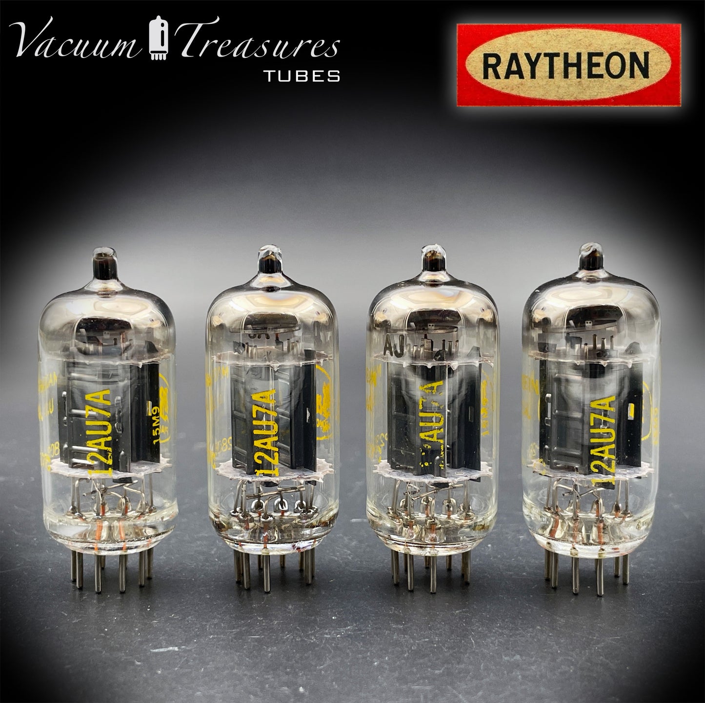12AU7A / ECC82 NOS Baldwin by RAYTHEON Matched Quad Tubes Long Black Plates Halo Getter Made in USA '61