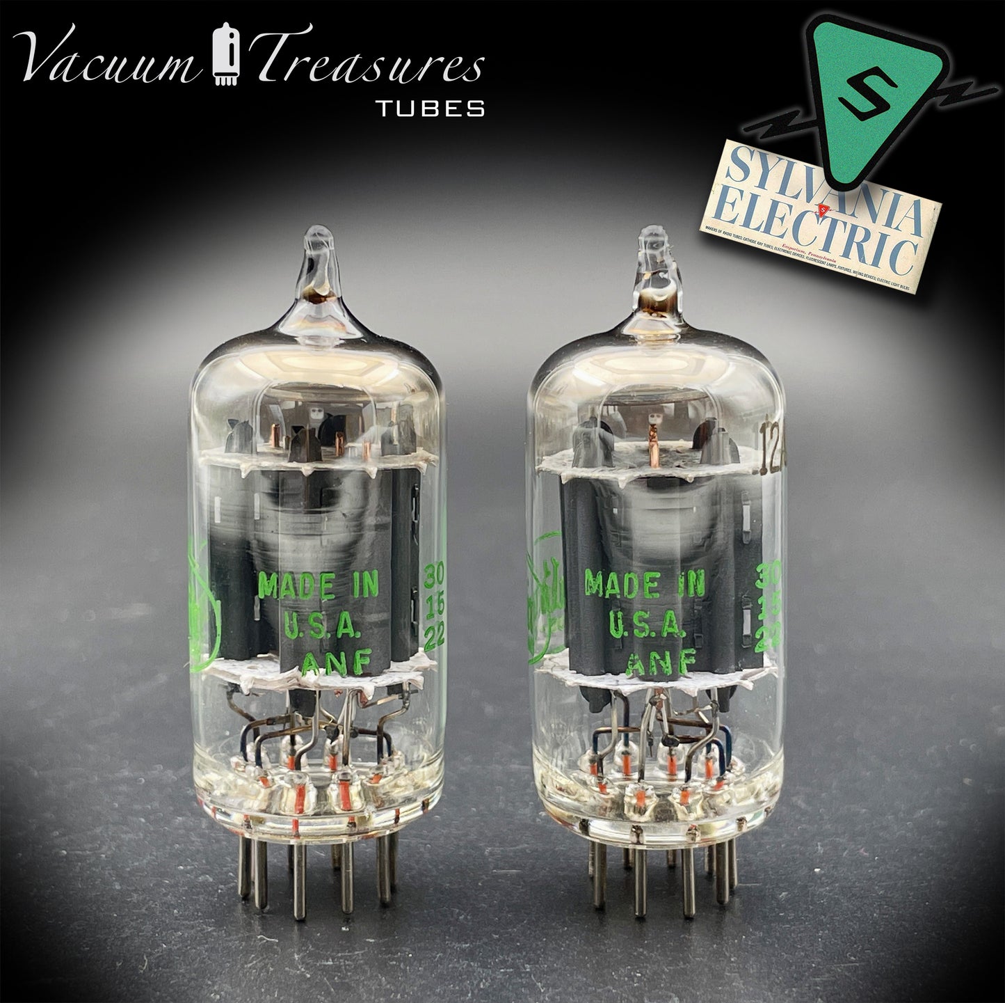 12AU7A / ECC82 NOS Baldwin by SYLVANIA Long Gray Plates Halo Getter Matched Pair Tubes Made in USA '60s