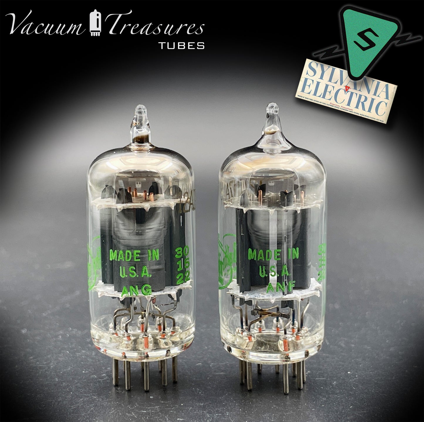 12AU7A / ECC82 NOS Baldwin by SYLVANIA Long Gray Plates Halo Getter Matched Pair Tubes Made in USA '60s