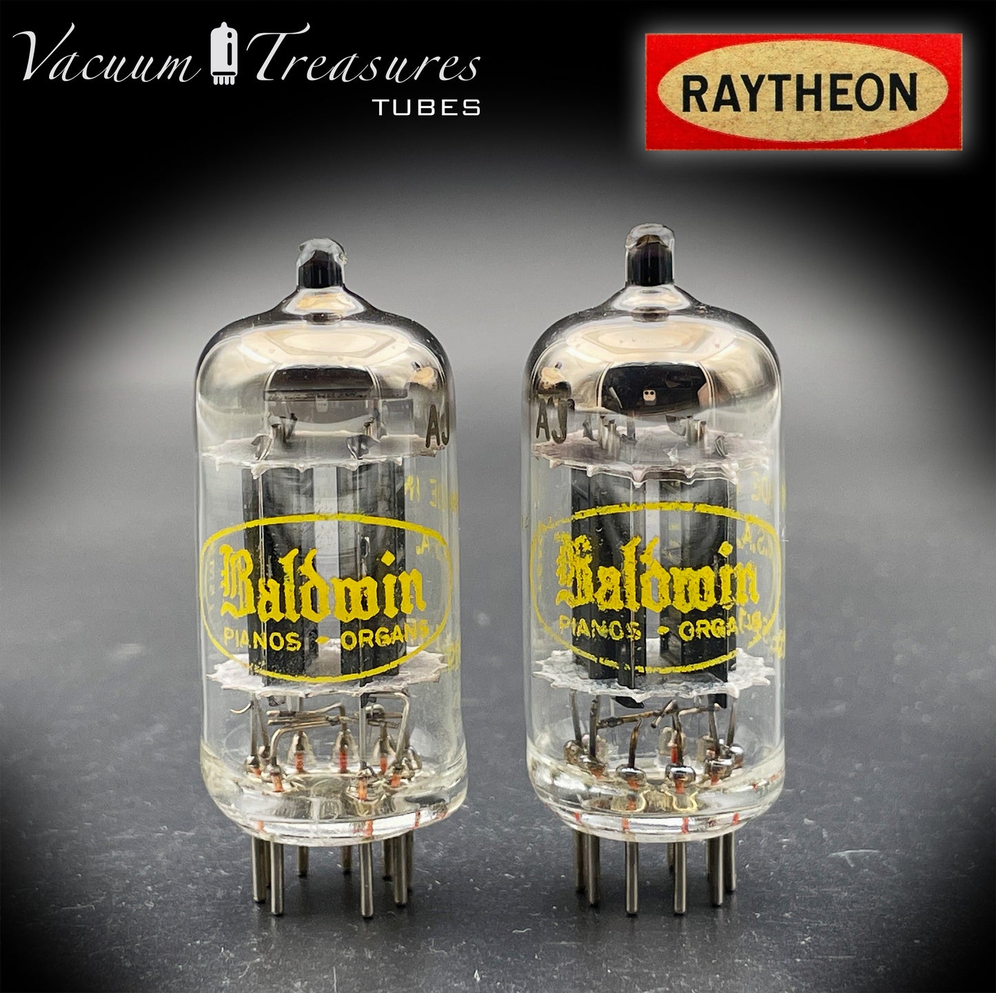 12AU7A / ECC82 NOS Baldwin by RAYTHEON Matched Pair Tubes Long Black Plates Halo Getter Made in USA '61