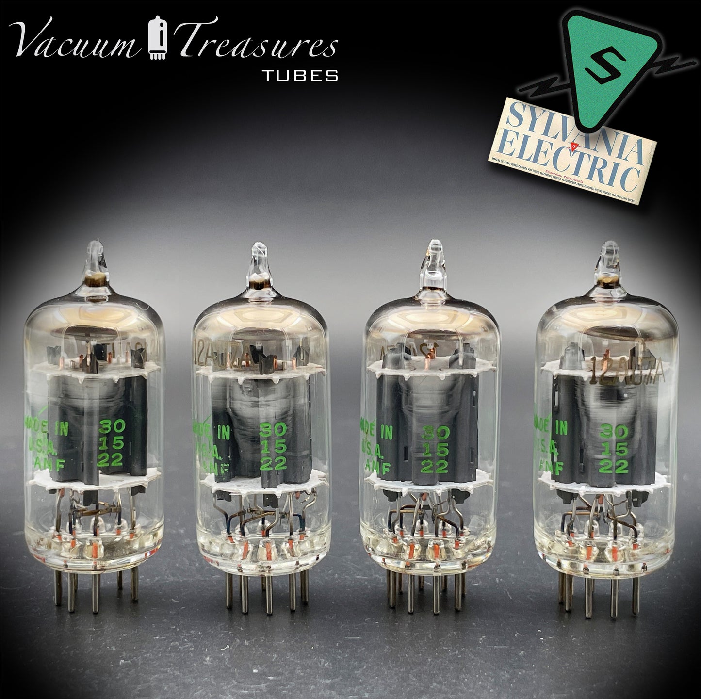 12AU7A / ECC82 NOS Baldwin by SYLVANIA Long Gray Plates Halo Getter Matched Quad Tubes Made in USA '60s