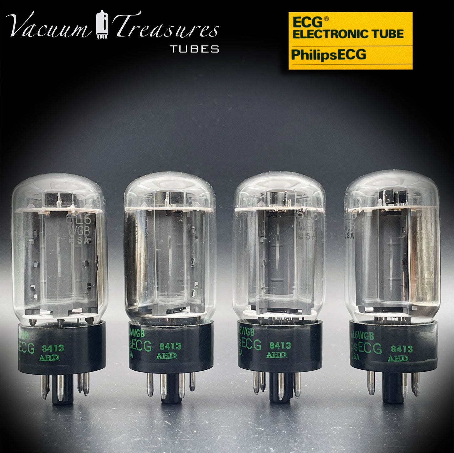 JAN 6L6WGB PHILIPS ECG Matched Quad Gray Plates Side Halo Getter AMPLITREX Tested – Same Date Code – NOS NIB