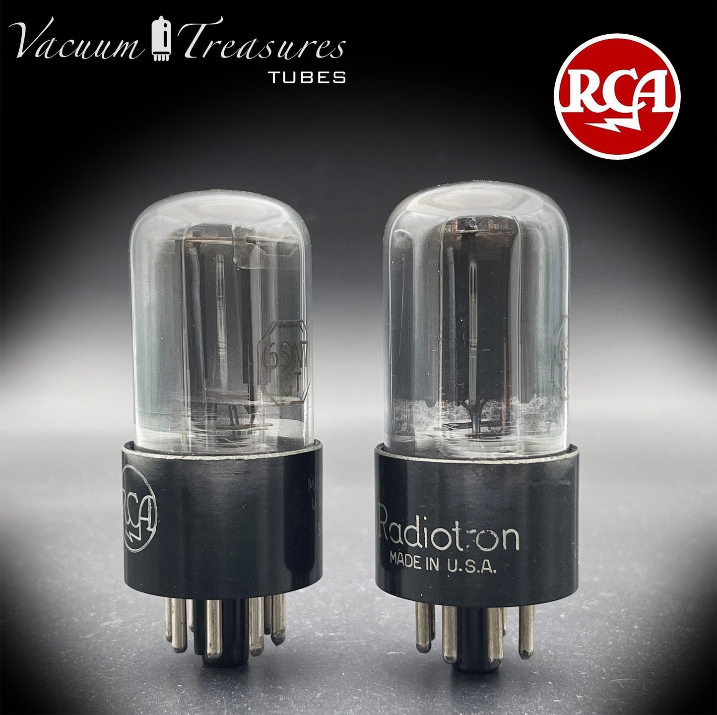6SN7 GT RCA Radiotron Smoked Glass Matched Pair Silver Logo Black Plates D Getter AMPLITREX Tested Low Noise Tubes
