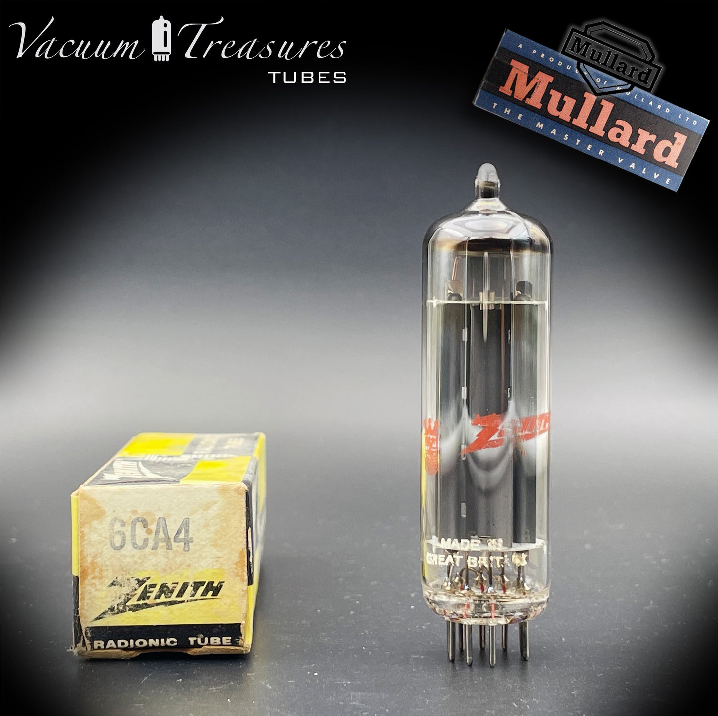 6CA4 ( EZ81 ) NOS NIB ZENITH by MULLARD Gray Plates Halo Getter Tested Tube Rectifier Made in GT. Britain