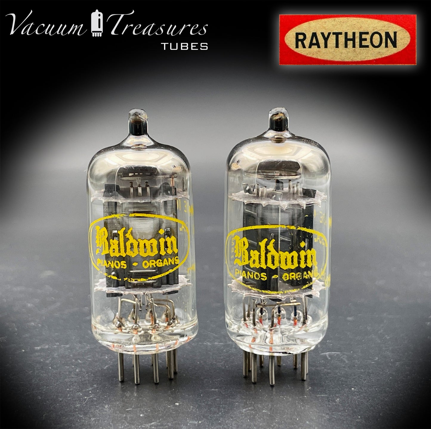 12AU7A / ECC82 NOS Baldwin by RAYTHEON Matched Pair Tubes Long Black Plates Halo Getter Made in USA '61