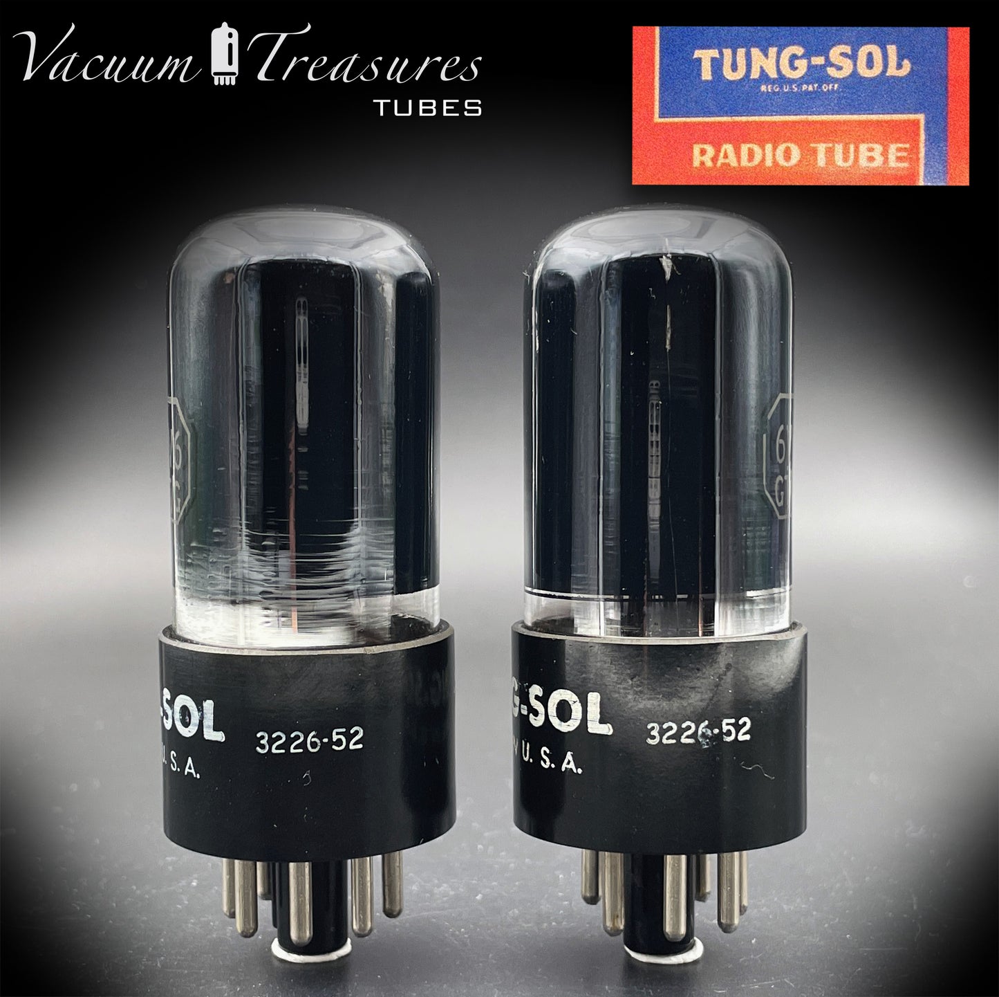 Paire de tubes testés par Getter en feuille de verre noir 6V6 GT TUNG-SOL, FABRIQUÉS AUX ÉTATS-UNIS '56