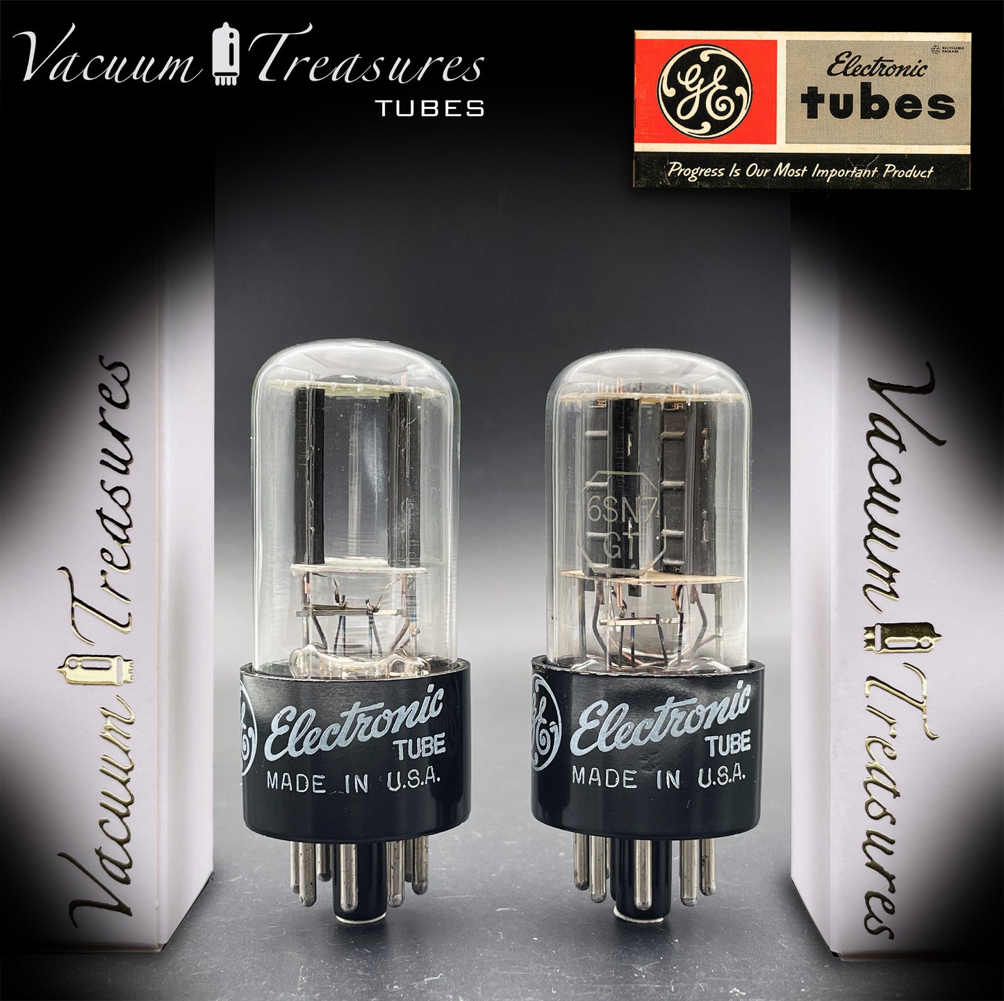 6SN7GT GE Black Plates Square Getter – Tested Pair – STRONG Issue – Made in USA '50s