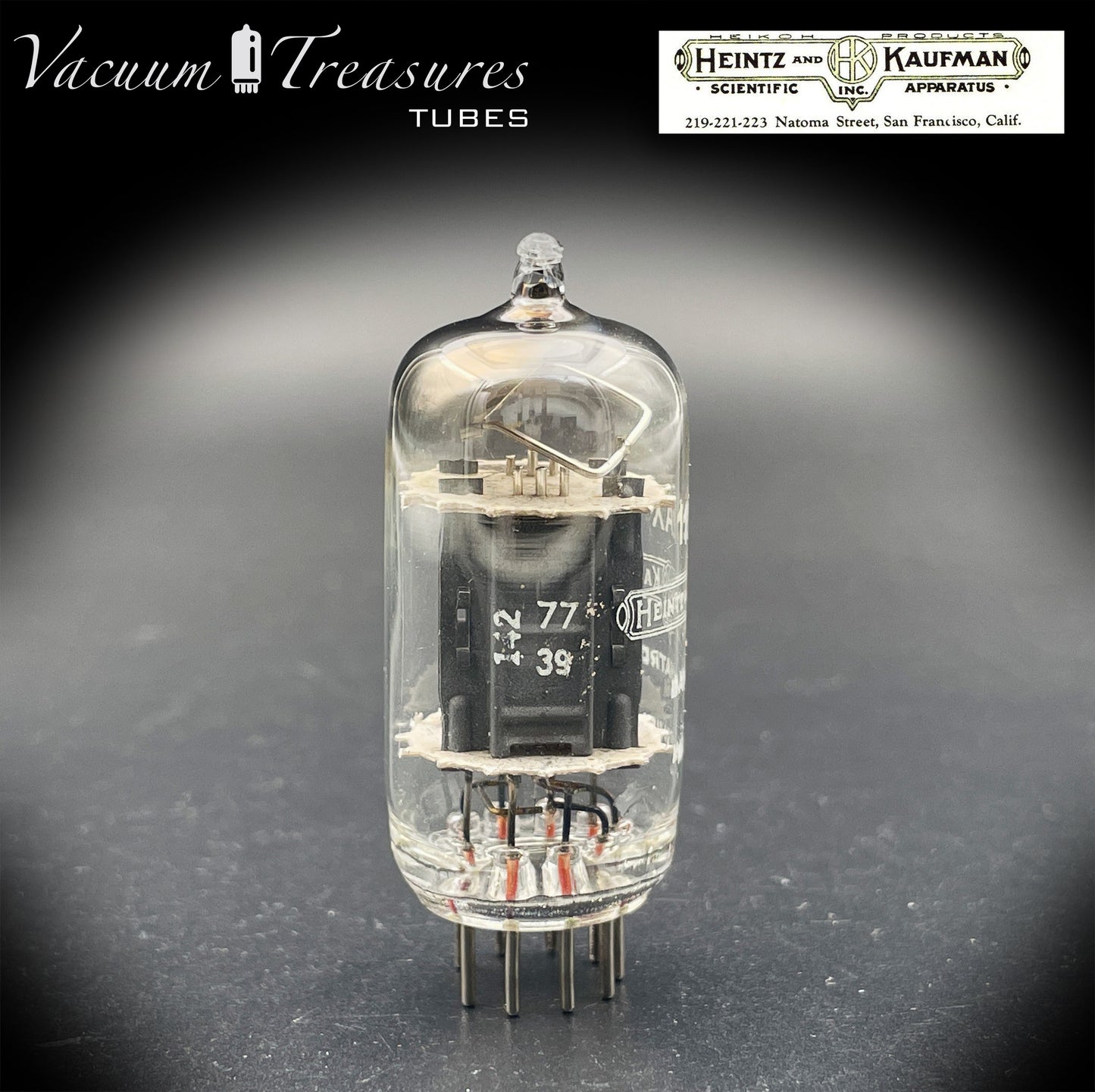 12AX7 / ECC83 NOS Heinz & Kauffman – Gray Plates Foil Dimpled Getter – Made in USA ‘50s – AMPLITREX Tested – Low Noise