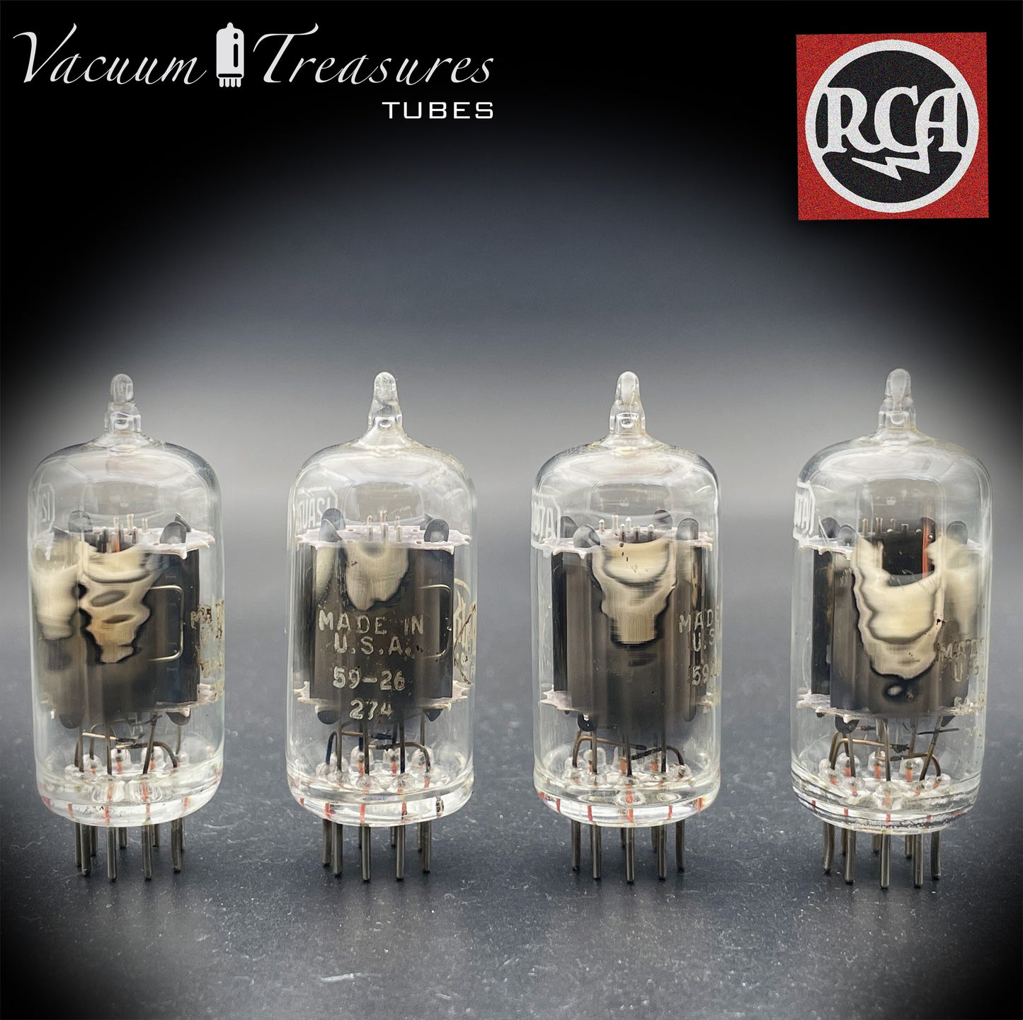 12AU7 / ECC82 Baldwin by RCA AMPLITREX Matched Quad Clear Top Long Gray Plates Side D Getter Tubes