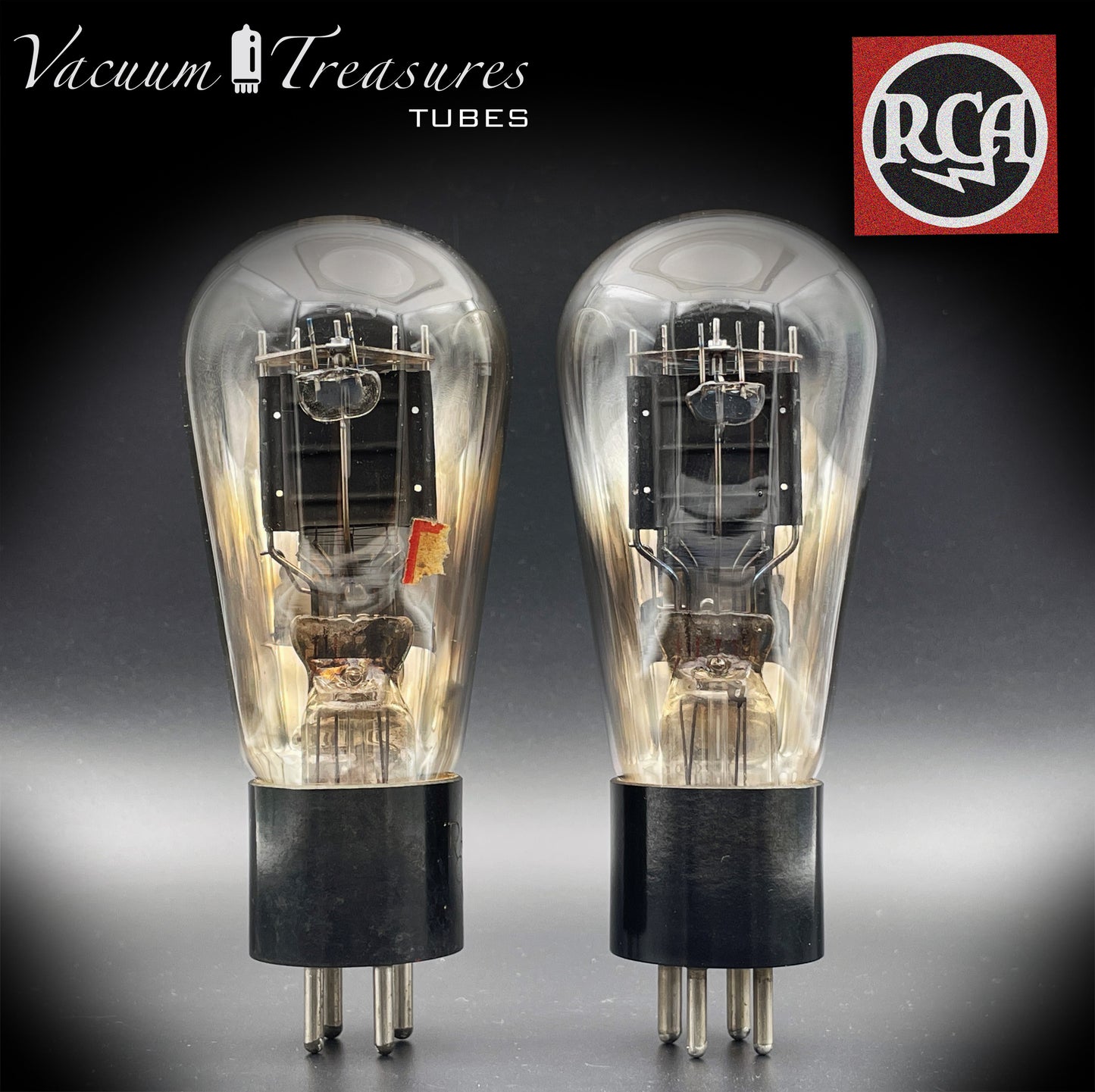 45 RCA Balloon Globe Black Plates Foil Dimpled Getter Matched Pair Radiotron Tubes Made in USA 1930's