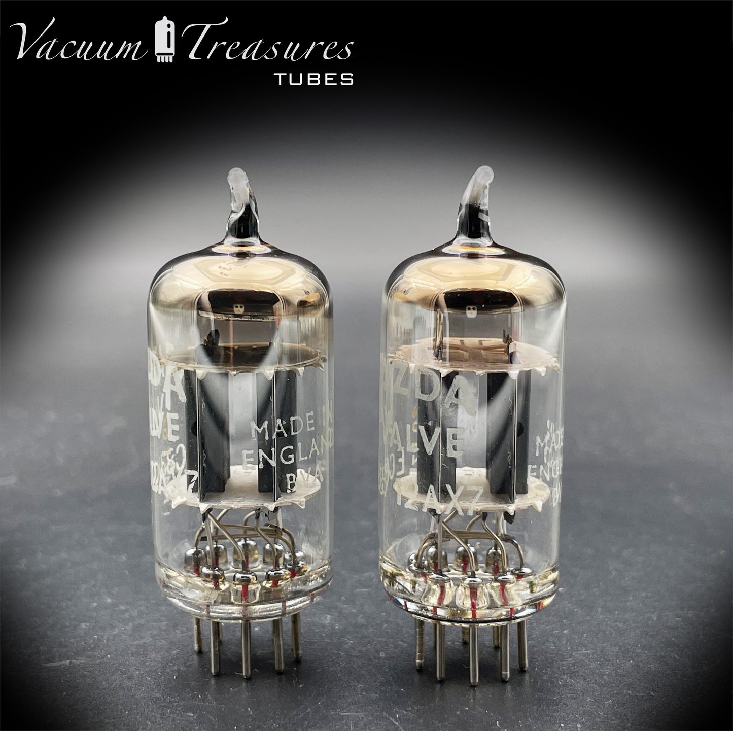 12AX7 / ECC83 Mazda Valve Tested Pair Same Date Codes Short Gray Plates Halo Getter Made in England BVA