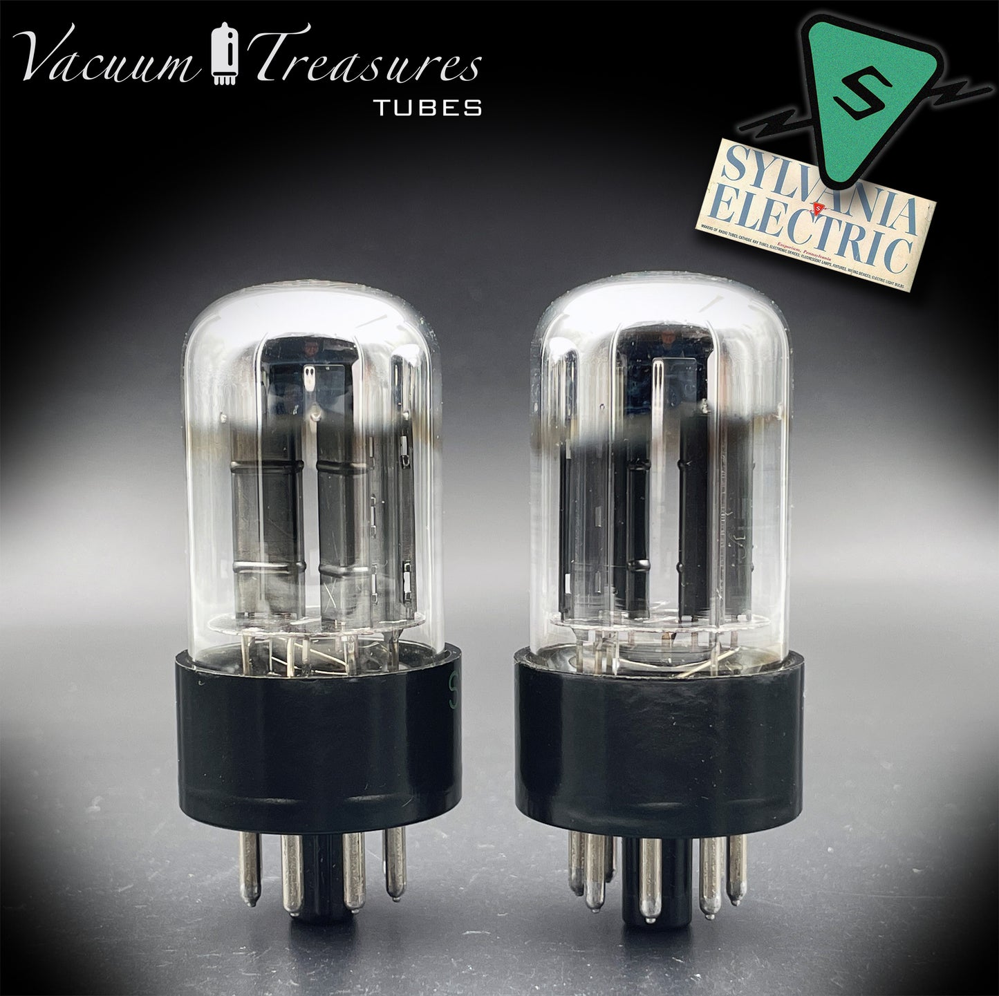 6SN7GTB NOS SYLVANIA CHROME TOP Green Dot Matched Pair Black Plates Tubes USA '50s