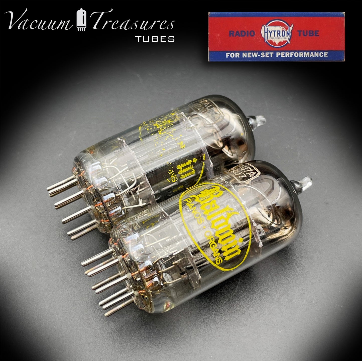 12AU7A ECC82 Baldwin / HYTRON Matched Pair Black Plates Halo Getter Tested Tubes USA