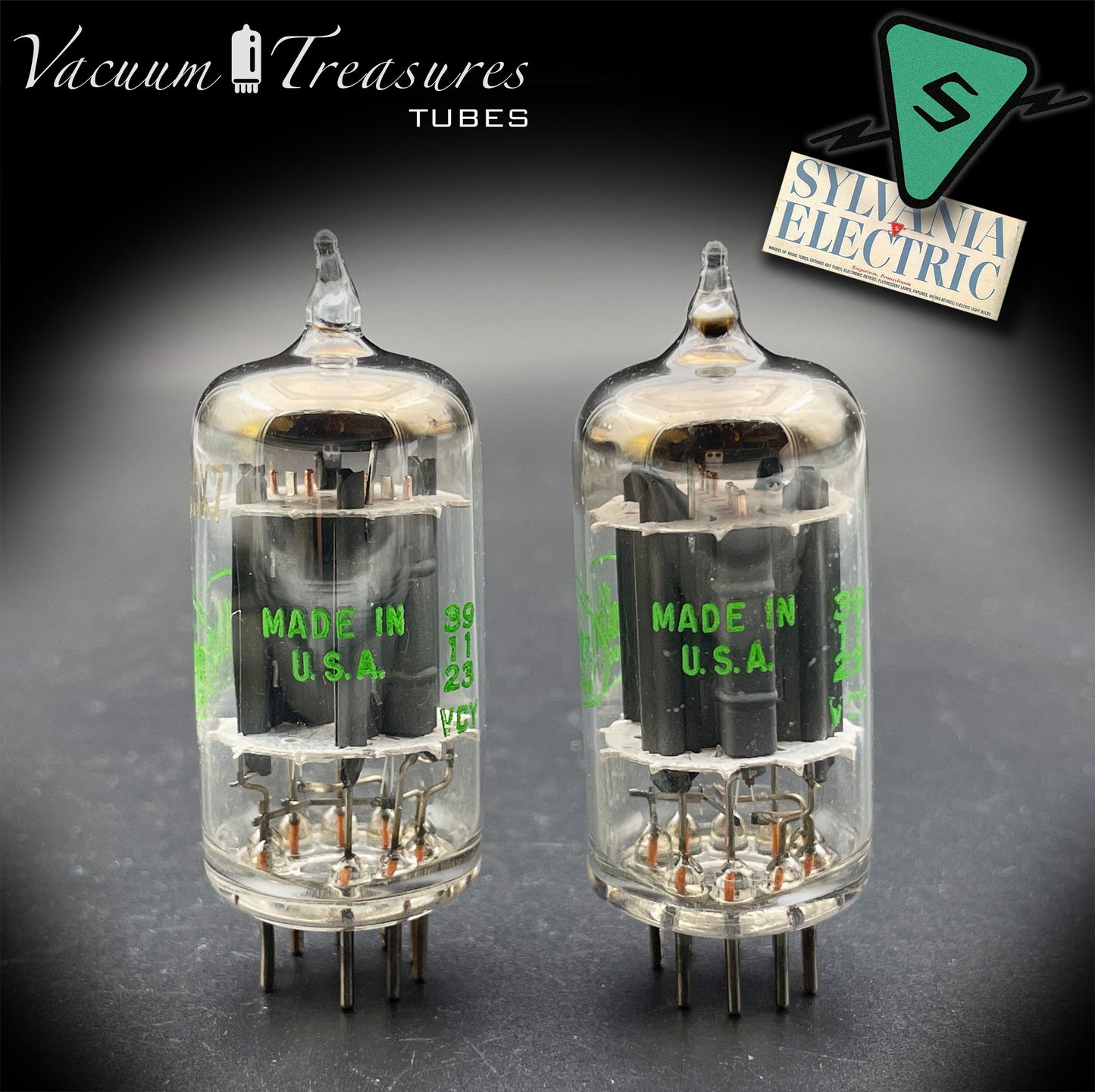 12AX7 ECC83 Baldwin by SYLVANIA – Matched Pair – Long Gray Plates Halo Getter USA 1959