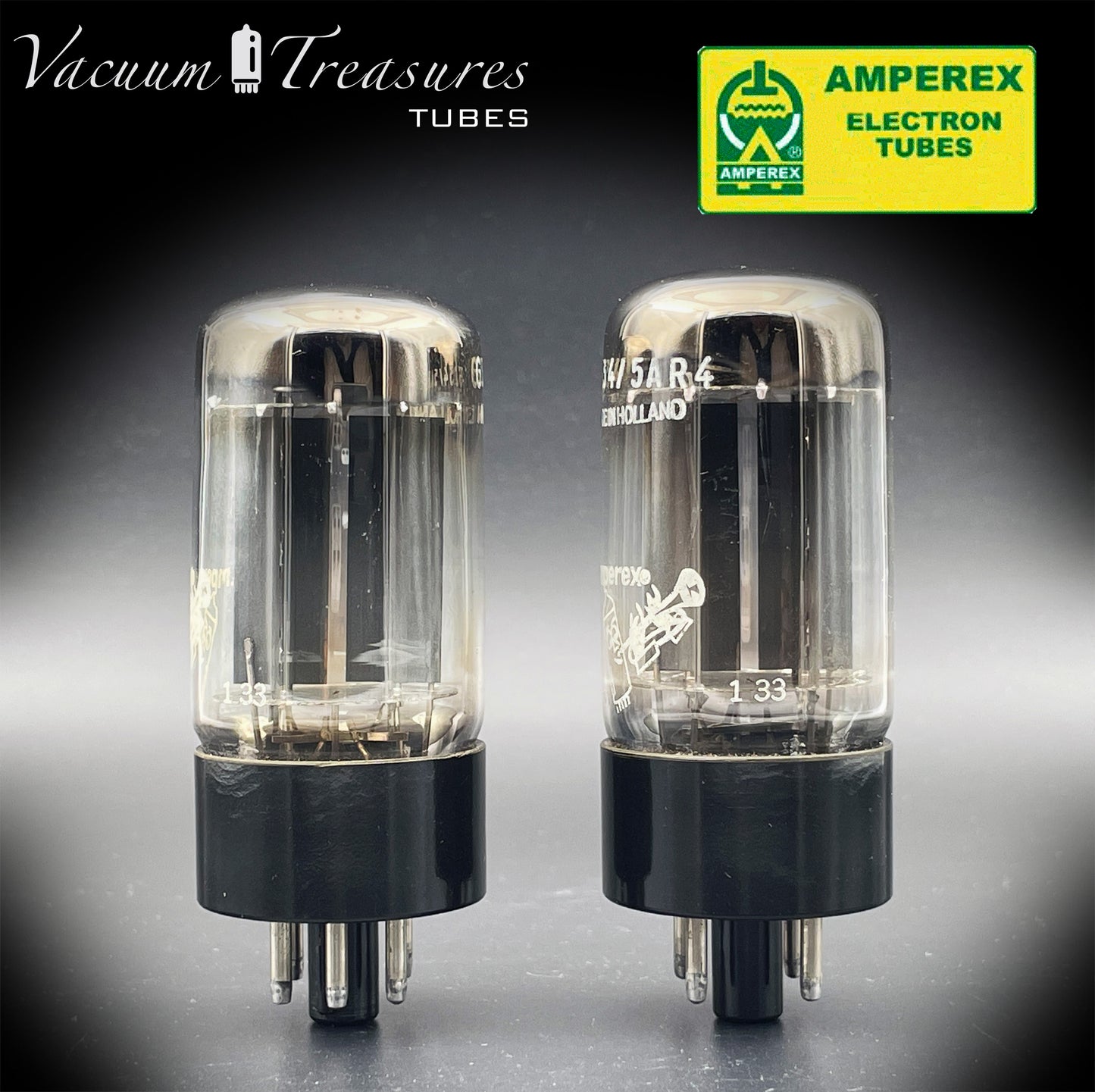 5AR4 ( GZ34 ) NOS AMPEREX Bugle Boy, Holland f33, smooth, Same codes, Matched Pair Tubes Rectifiers Made in HOLLAND