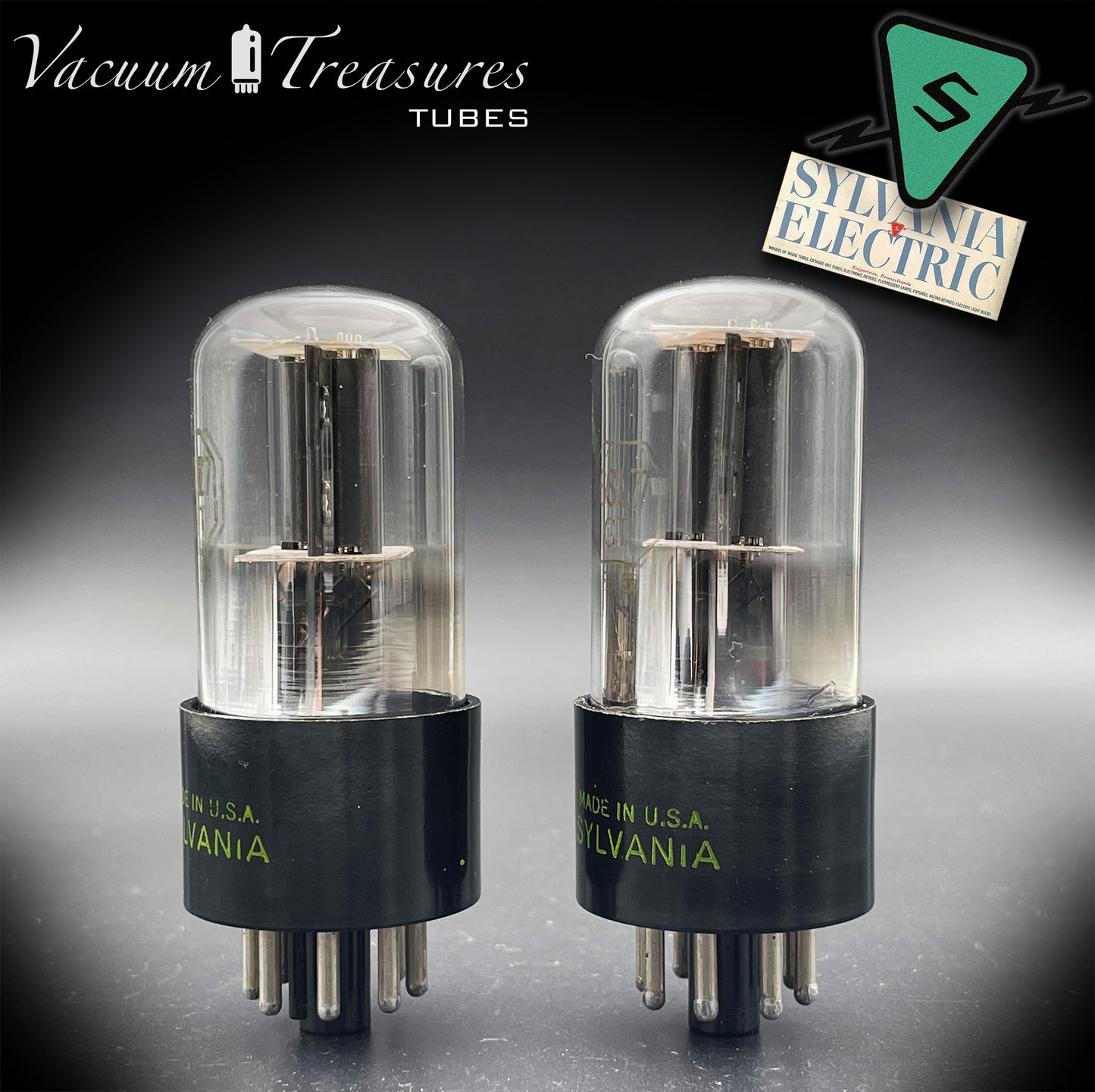 6SL7GT (VT-229) SYLVANIA NOS Black Round Plates Foil Getter AMPLITREX Matched Pair Made in USA '50s.