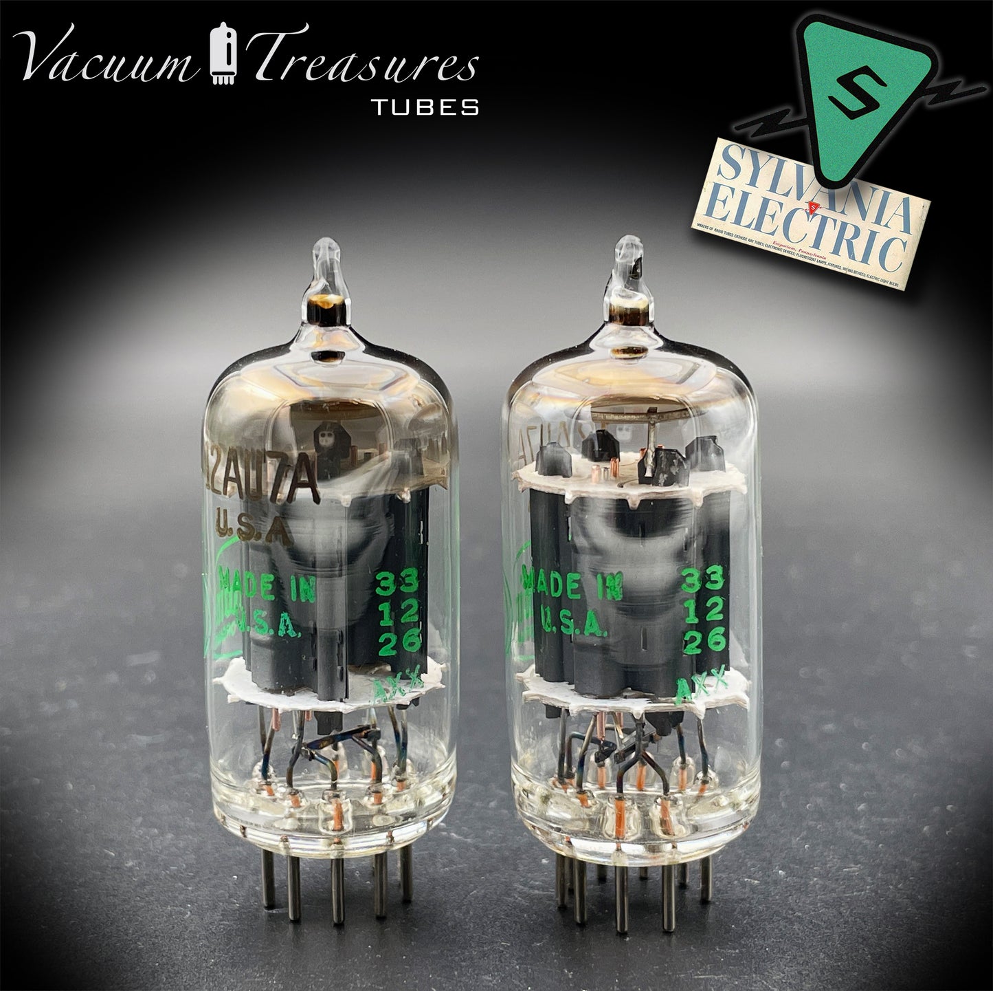 12AU7A / ECC82 NOS Baldwin by Sylvania Matched Pair Long Gray Plates Halo Getter Tubes USA '63