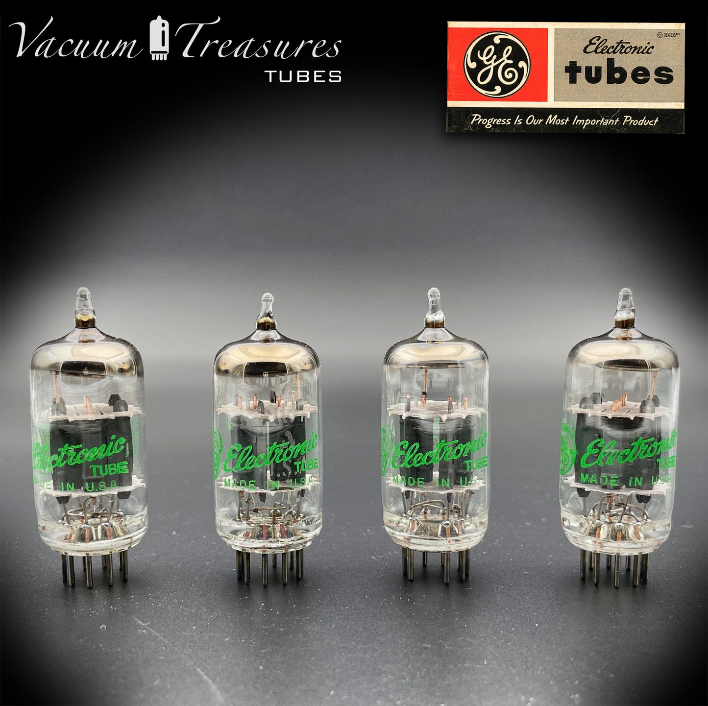 12AU7 A (ECC82) GE NOS NIB Graue Platten Halo Getter Matched Quad Tubes Hergestellt in den USA