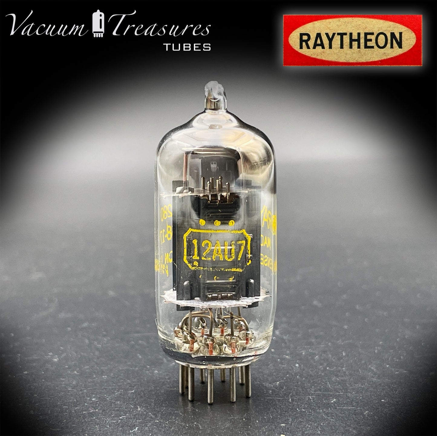 12AU7 ECC82 RAYTHEON Long Black Plates Square Getter Tested Tube Made in USA '58