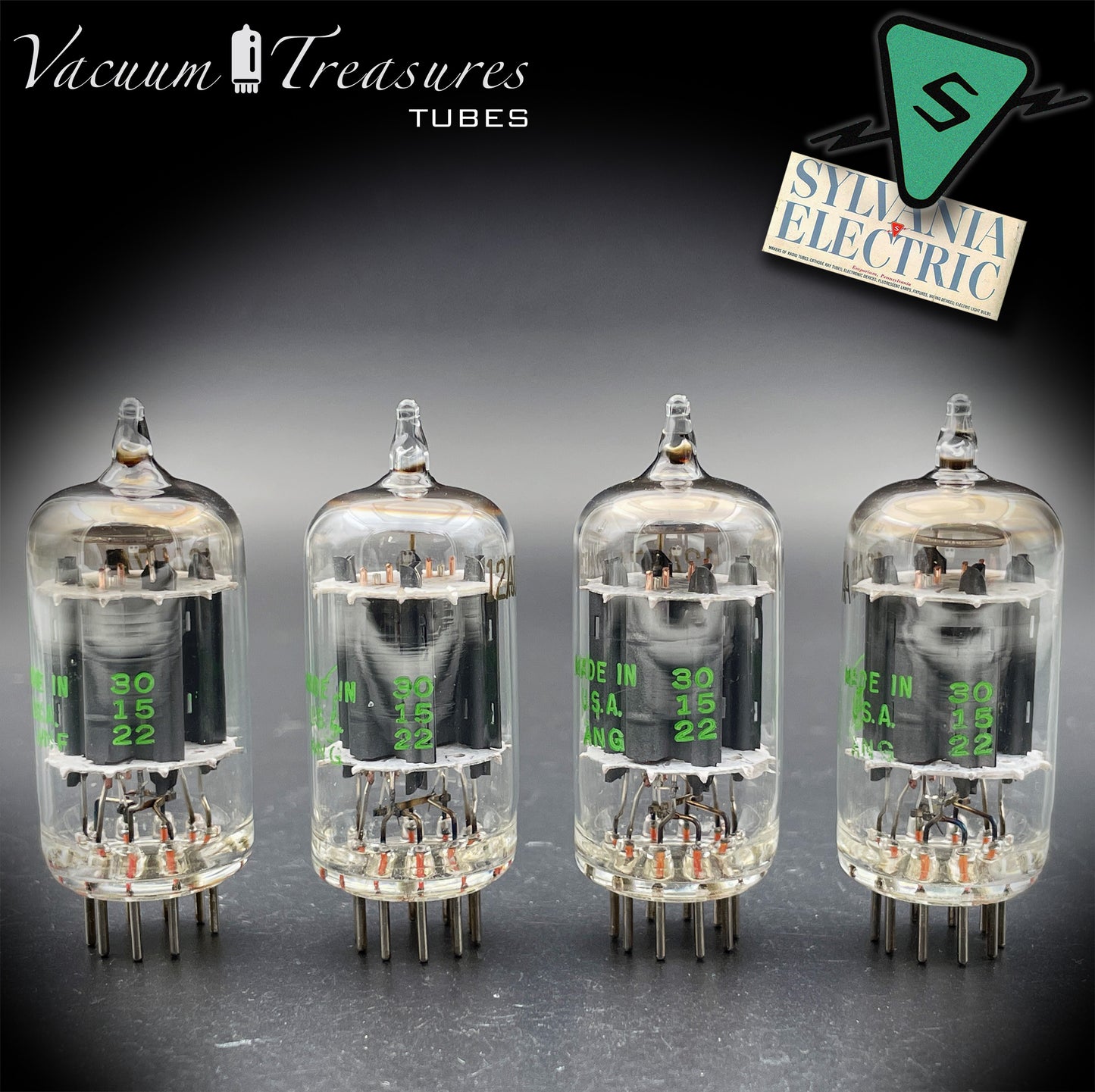 12AU7A / ECC82 NOS Baldwin by SYLVANIA Long Gray Plates Halo Getter Matched Quad Tubes Made in USA '60s