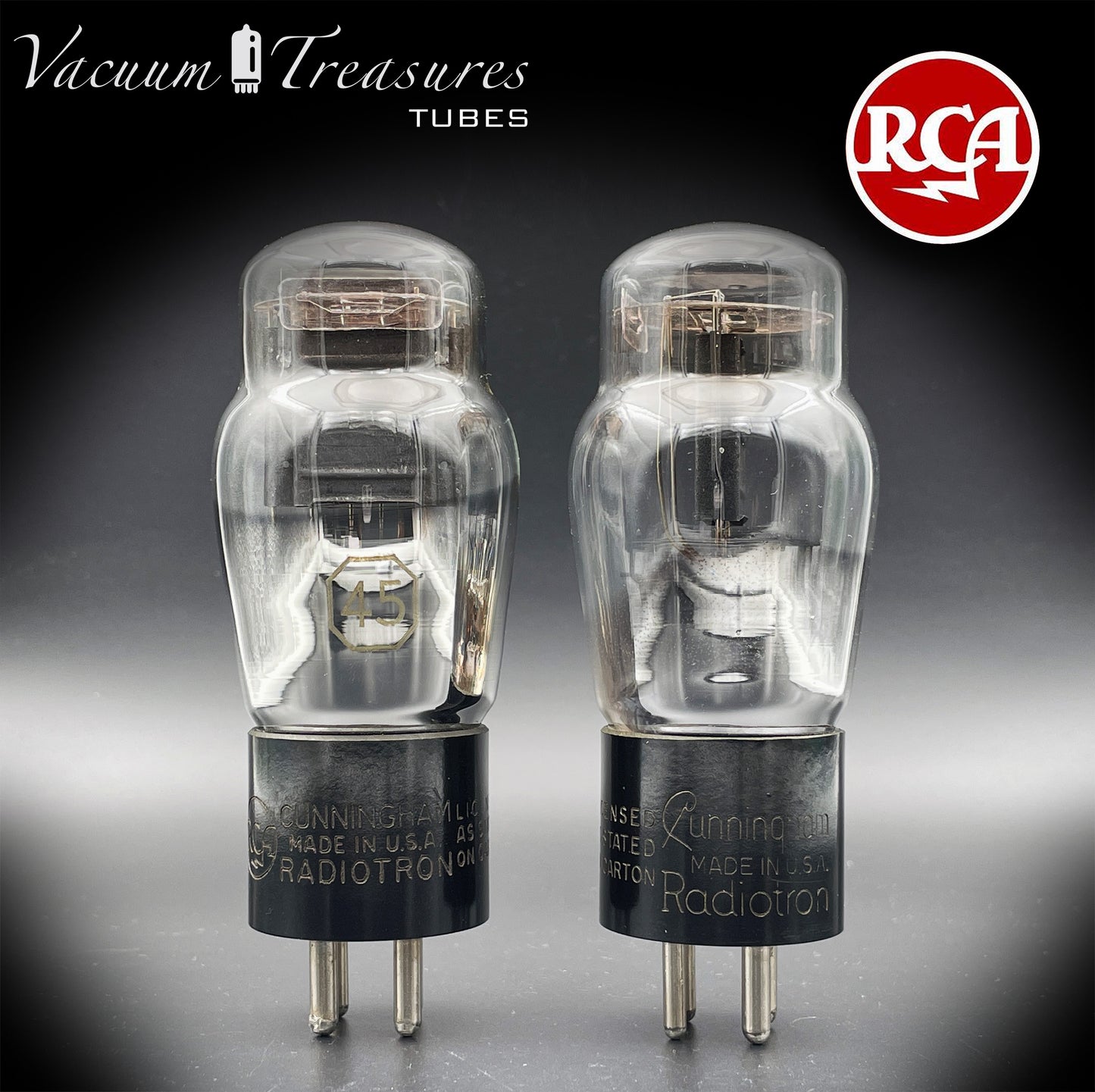45 ST RCA Cunningham Matched Pair Black Plates Foil Dimpled Getter Radiotron Tubes Made in USA 1930's