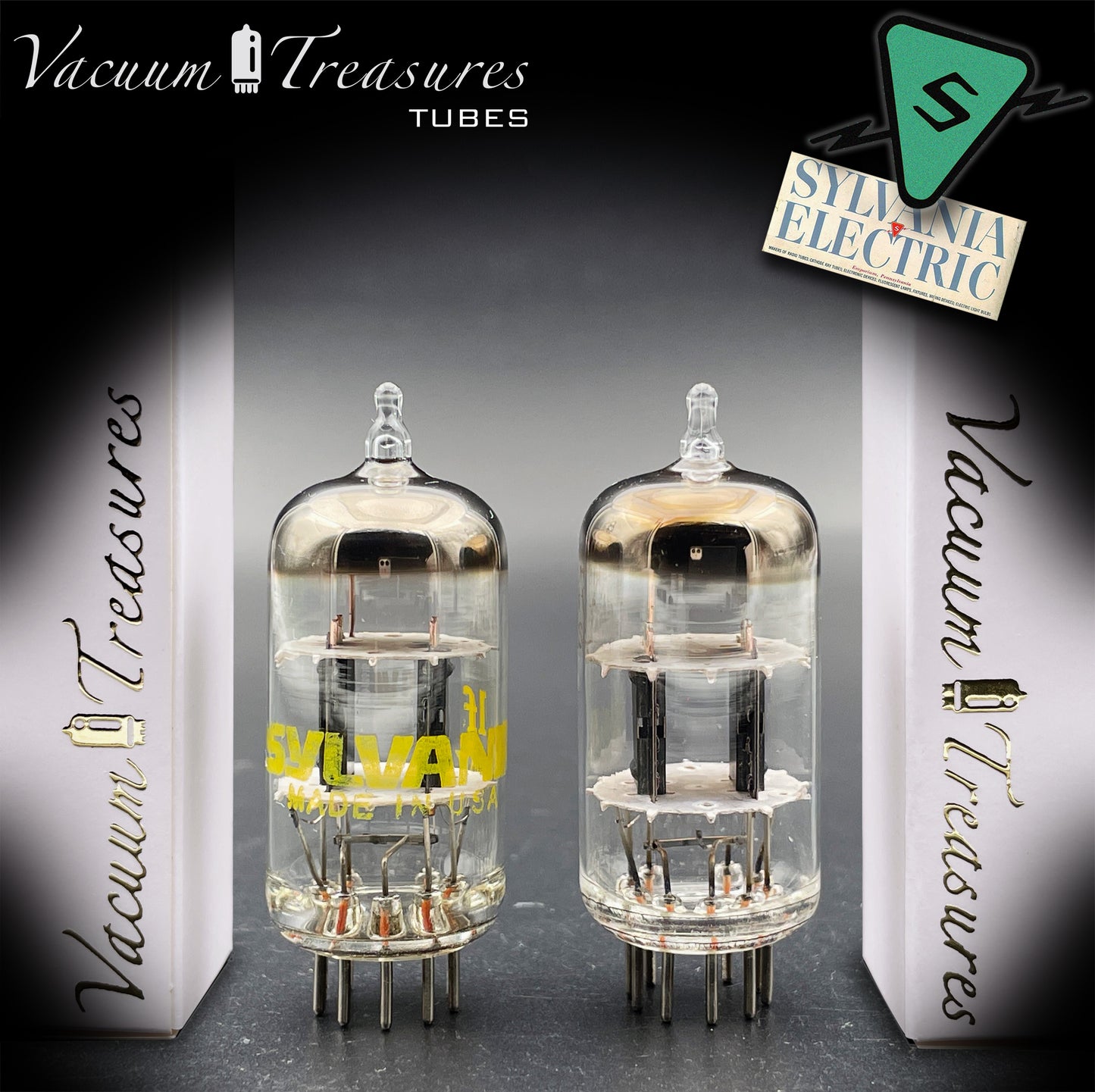 12AT7 / ECC81 SYLVANIA NOS – Black Square Plates Halo Getter – Export Quality Made in USA