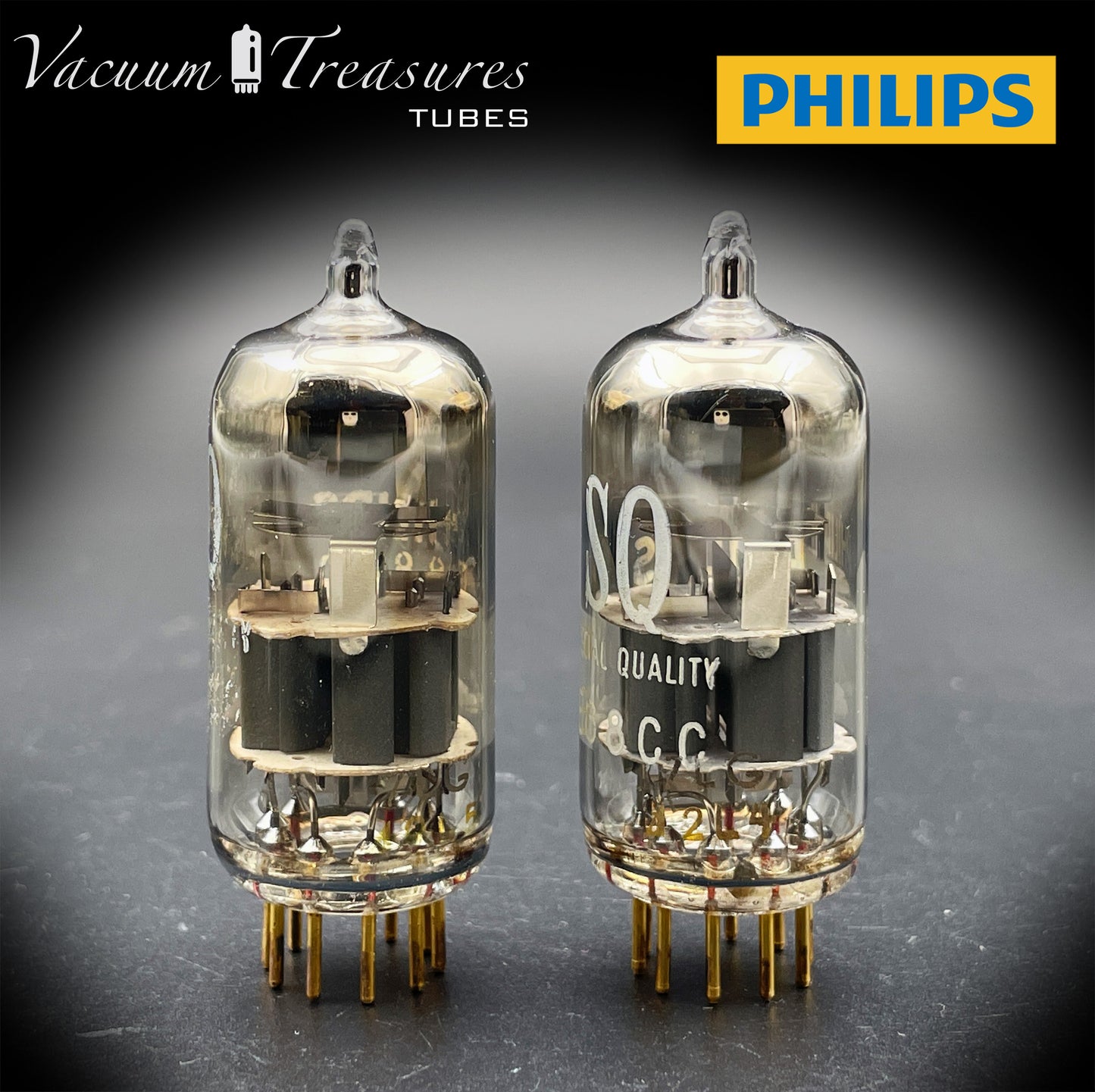 E88CC ( 6922 ) PHILIPS Special Quality Matched Pair Halo Getter Gold Pin Tubes Made in Holland '60s