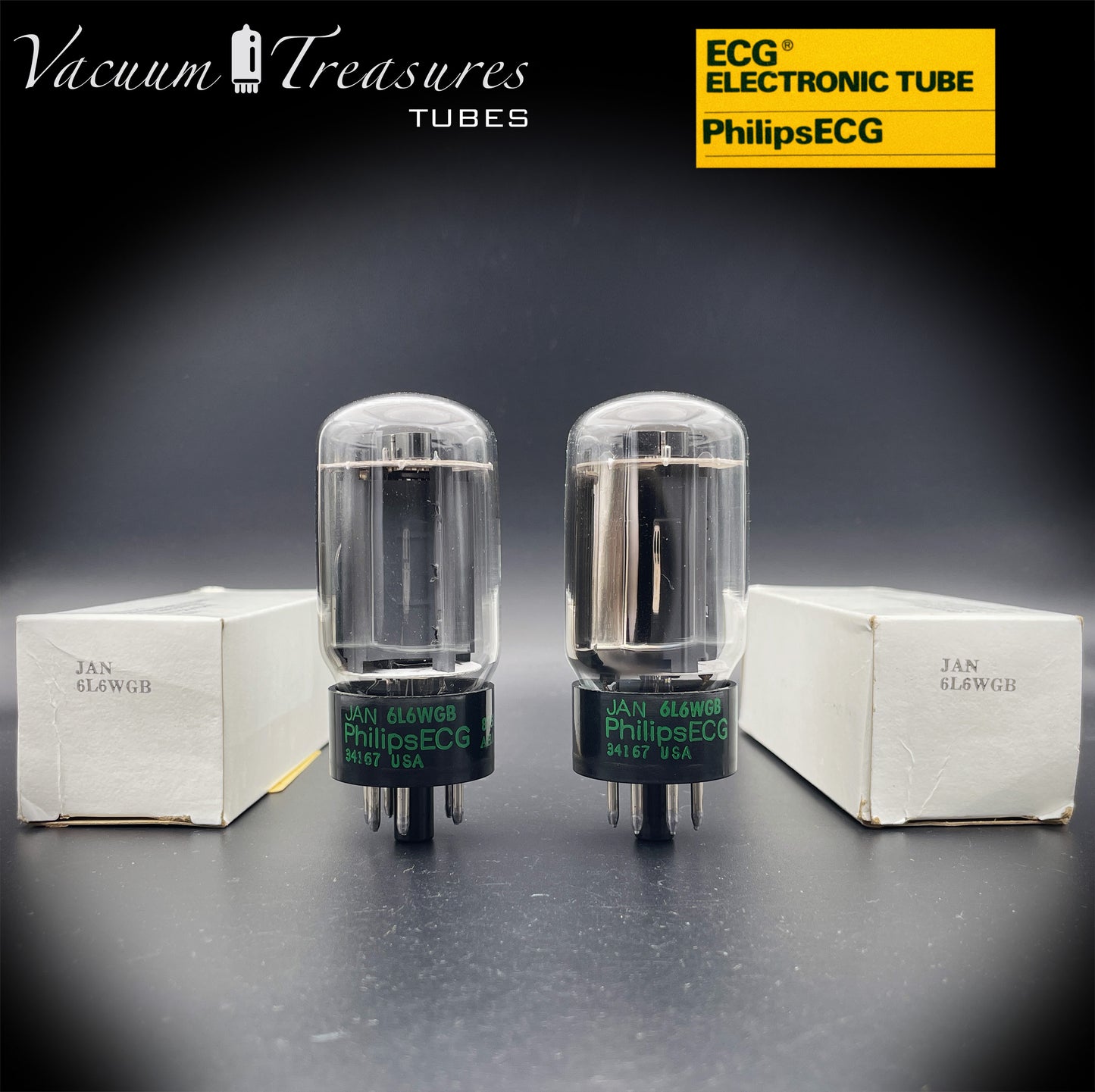 JAN 6L6WGB PHILIPS ECG Matched Pair Gray Plates Side Halo Getter AMPLITREX Tested – NOS NIB