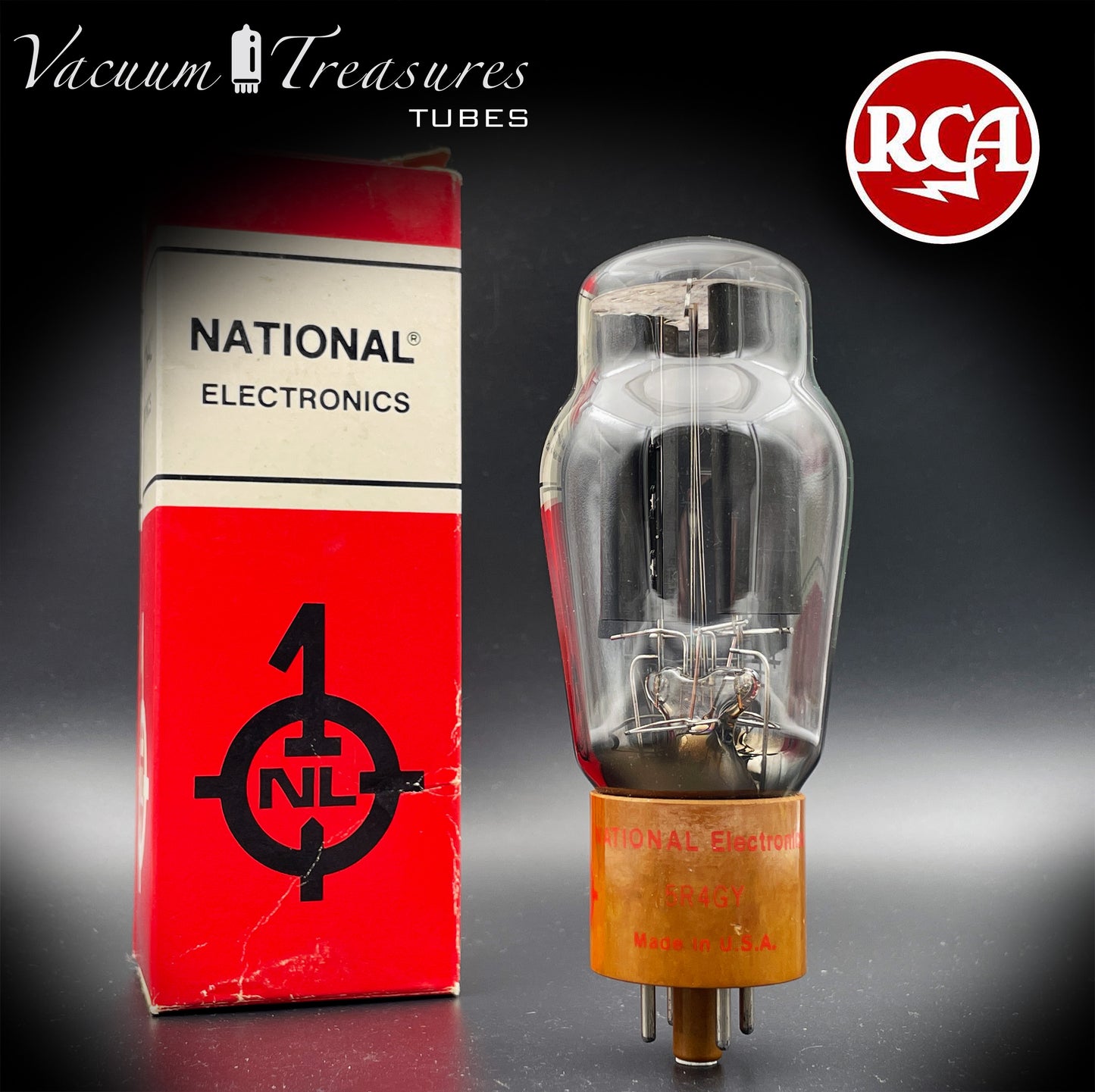 5R4GY INTERNATIONAL (RCA) – Black Plates Brown Base – Hanging Filaments – NOS NIB – Made in USA '50s