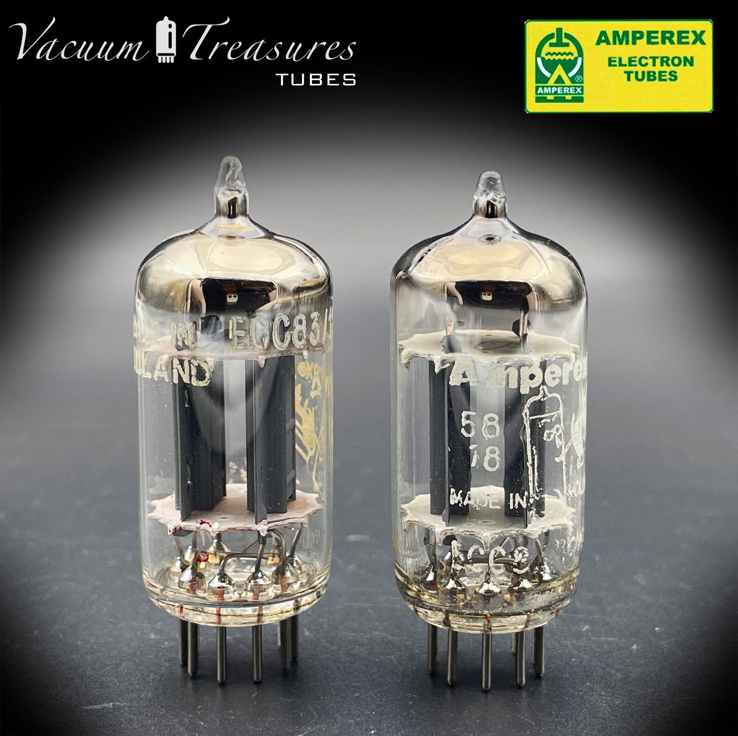 12AX7 / ECC83 NOS Amperex Bugle Boy Matched Pair AMPLITREX Tested Long Plates Foil Getter '50s