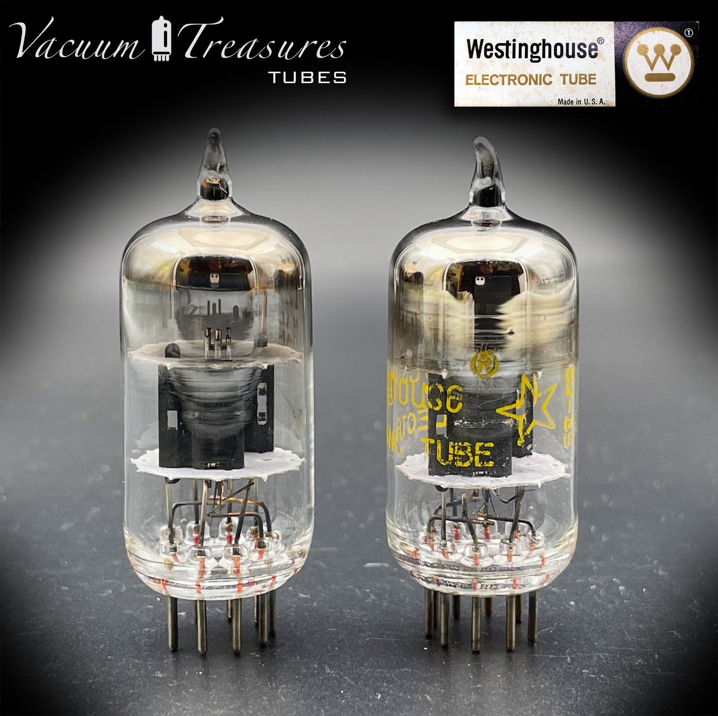 12AT7 / ECC81 Westinghouse Black Plates Halo Getter Matched Pair – Tested STRONG – Made in Canada '69