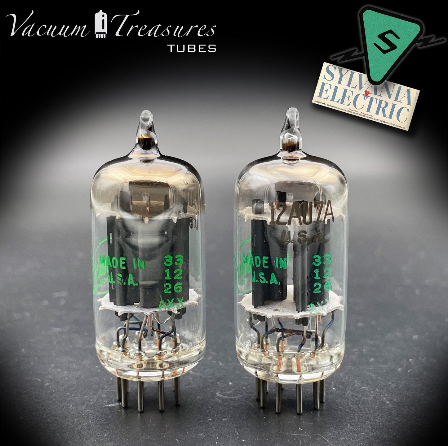 12AU7A / ECC82 NOS Baldwin by Sylvania Matched Pair Long Gray Plates Halo Getter Tubes USA '63