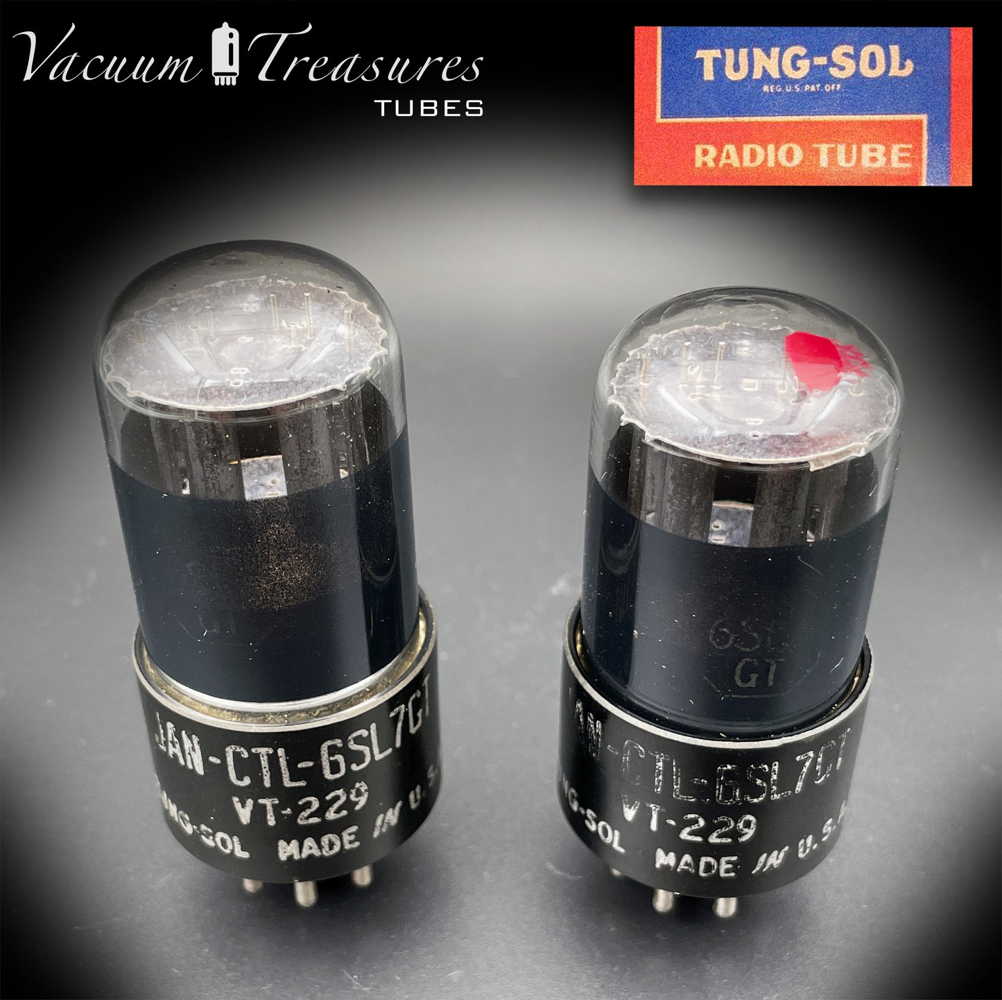 6SL7 GT ( VT-229 ) TUNG-SOL JAN CTL Black Glass Black Round Plates Matched Tubes Made in USA '50s