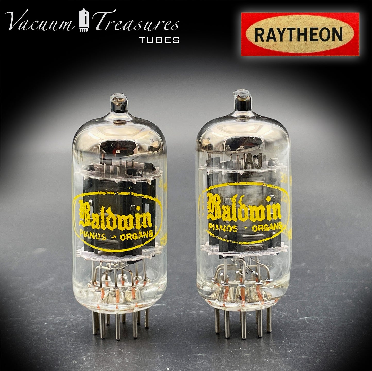 12AU7A / ECC82 NOS Baldwin by RAYTHEON Matched Pair Tubes Long Black Plates Halo Getter Made in USA '61