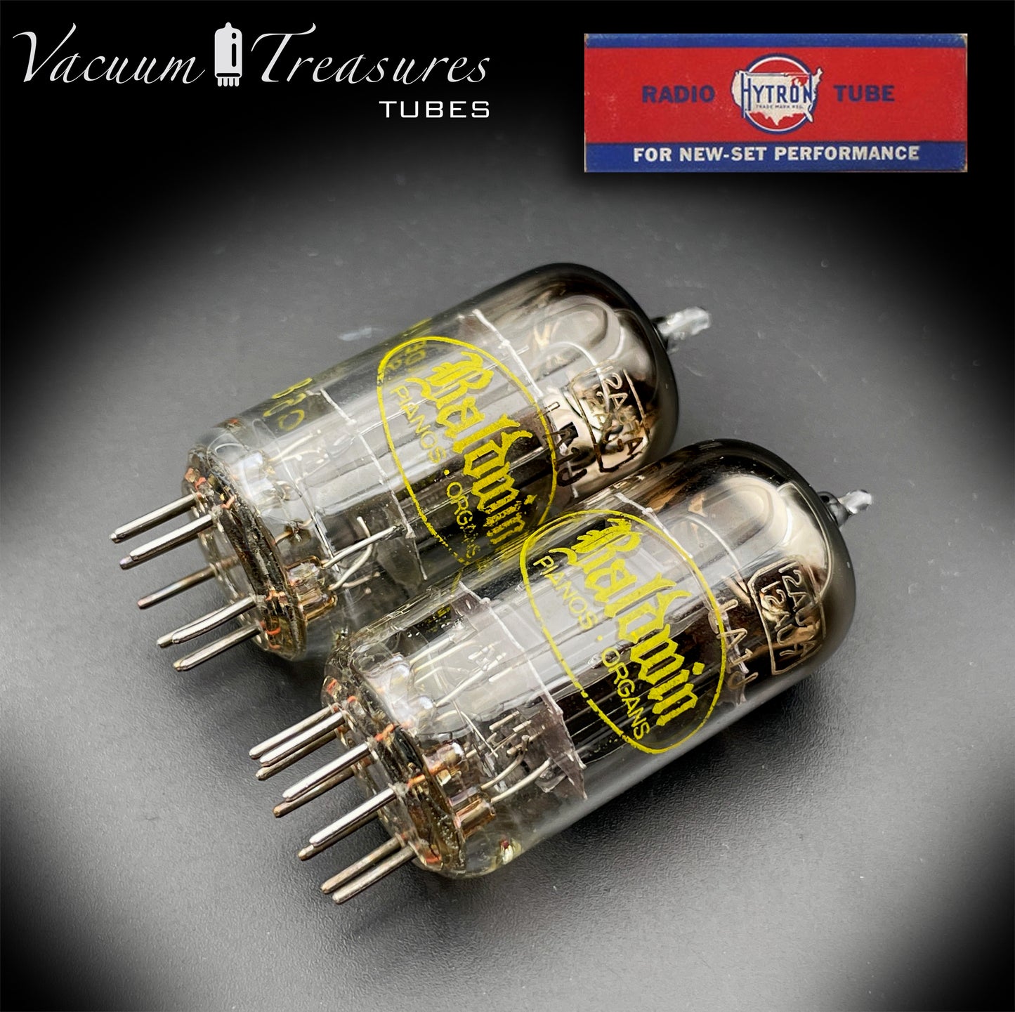 12AU7A ECC82 Baldwin / HYTRON Matched Pair Black Plates Halo Getter Tested Tubes USA