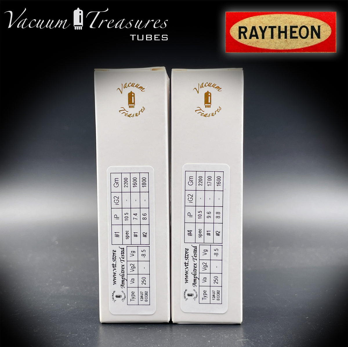 12AU7 / ECC82 RAYTHEON Matched Pair Long Black Plate Square Getter Tested Tubes USA '57
