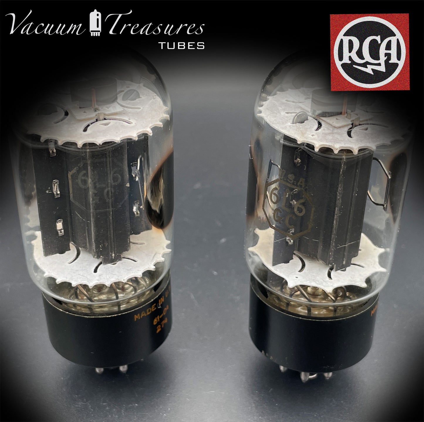 6L6GC RCA Black Plates Double Side D Getter – Matched Pair – Amplitrex Tested – Made in USA 1961