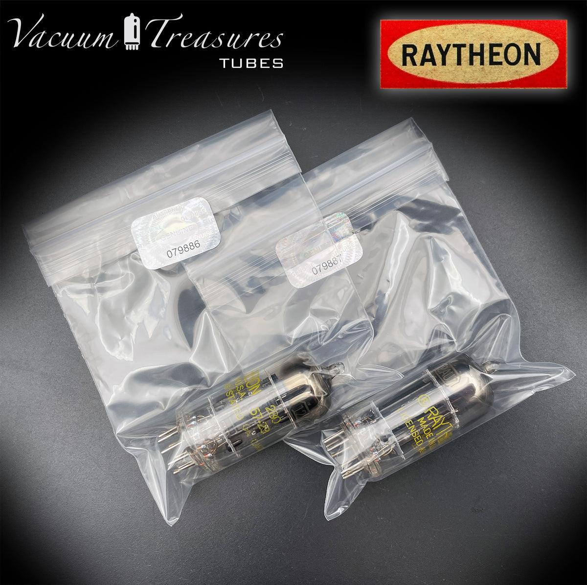 12AU7 / ECC82 RAYTHEON Matched Pair Long Black Plate Square Getter Tested Tubes USA '57